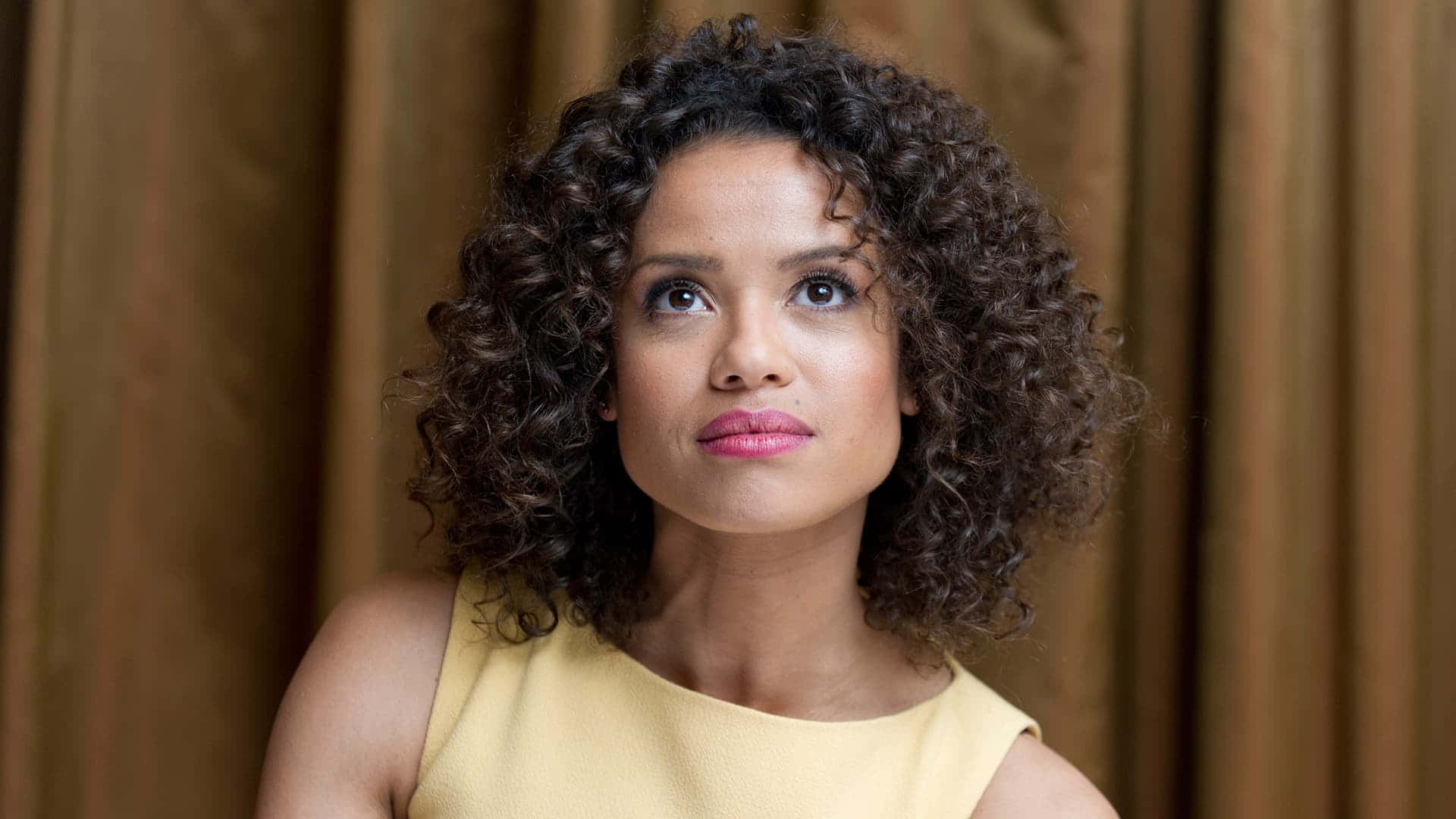 Gugu Mbatha-Raw, voluminous dark curls, pink lips, Full HD Desktop Wallpaper