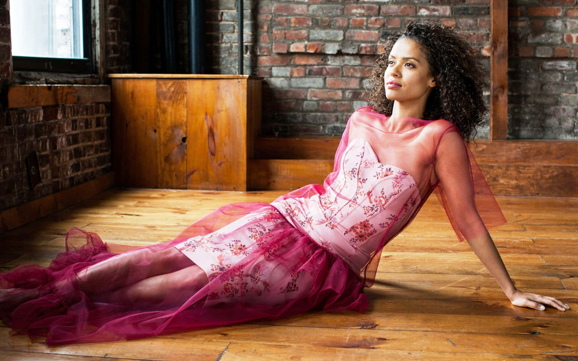 Gugu Mbatha-Raw, pink floral gown, wooden floors, Full HD Desktop Wallpaper