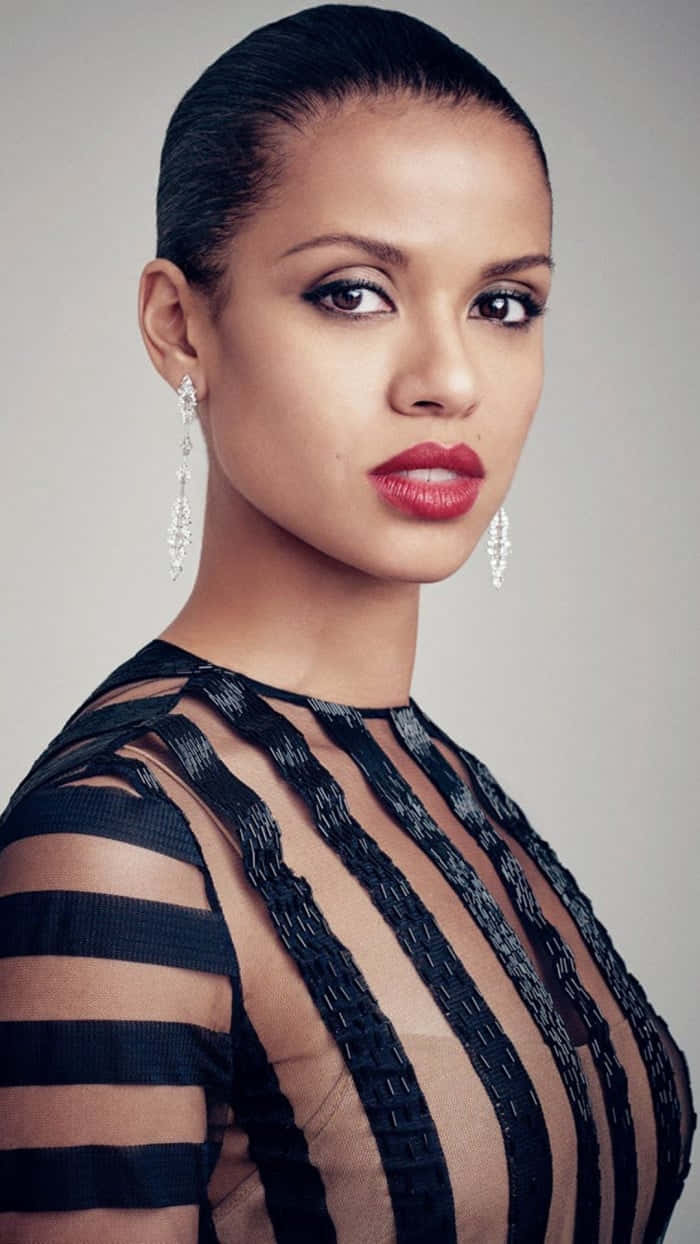 Gugu Mbatha-raw, black striped sheer top, sparkling chandelier earrings, SD Phone Wallpaper