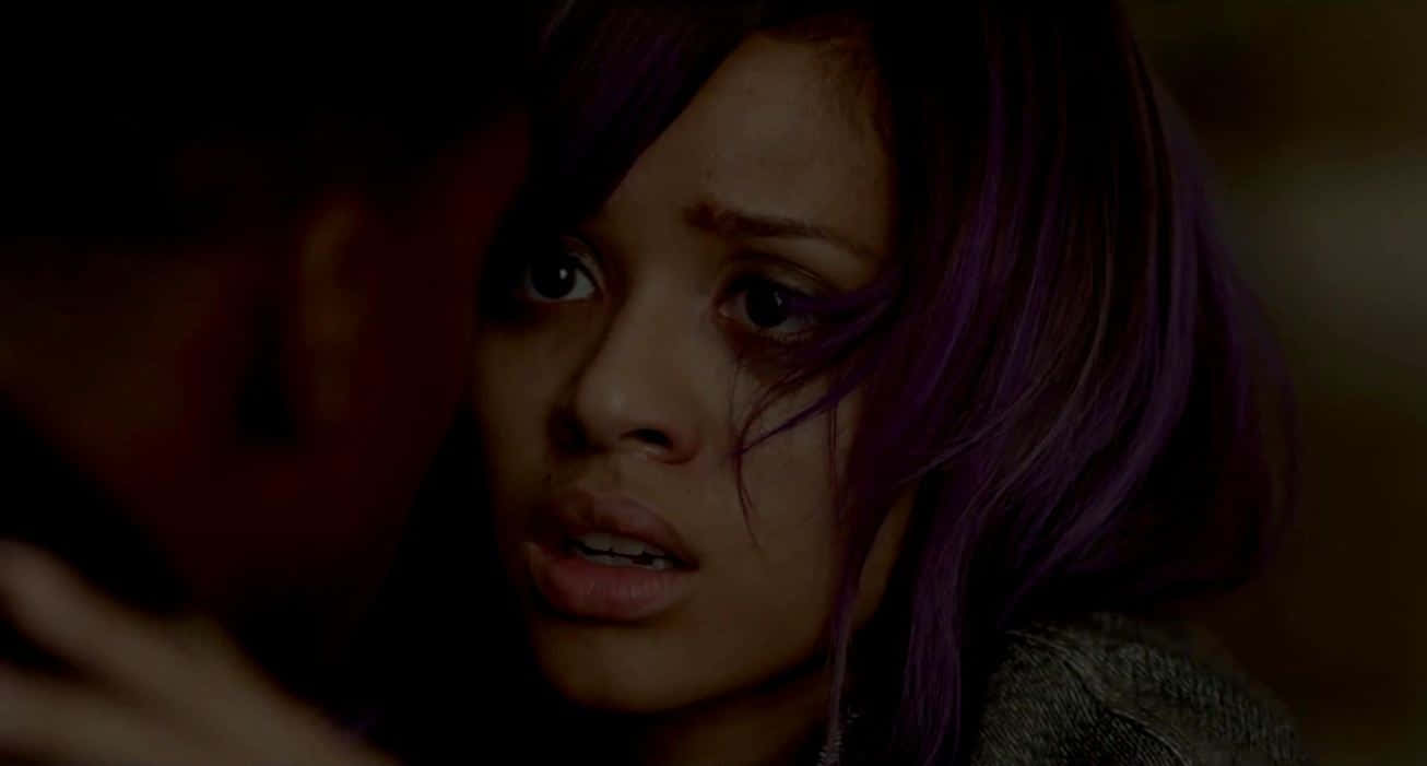 Gugu Mbatha-Raw, purple hair, shadowy figure, HD Desktop Wallpaper