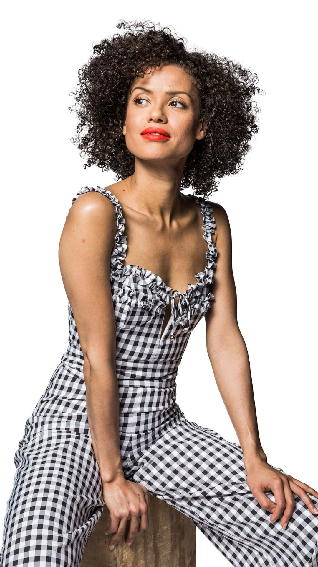 Gugu Mbatha-Raw, voluminous curly hair, bold red lips, Full HD Phone Wallpaper