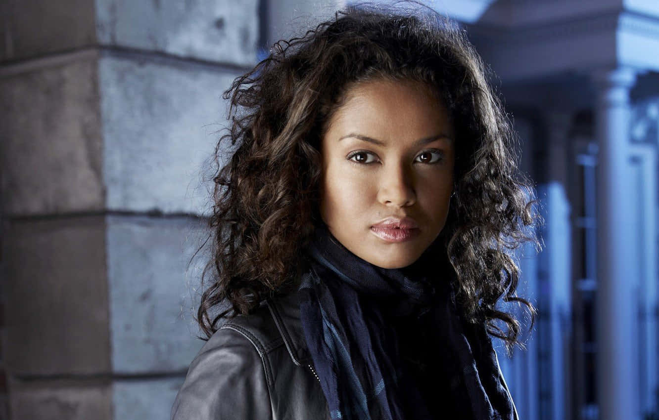 Gugu Mbatha-Raw, leather jacket, stone building, HD Desktop Wallpaper