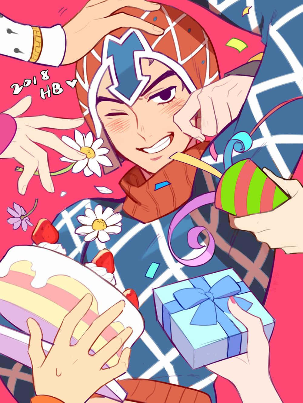 Guido Mista, anime character, hands offering cake flowers and gifts, HD Phone Wallpaper