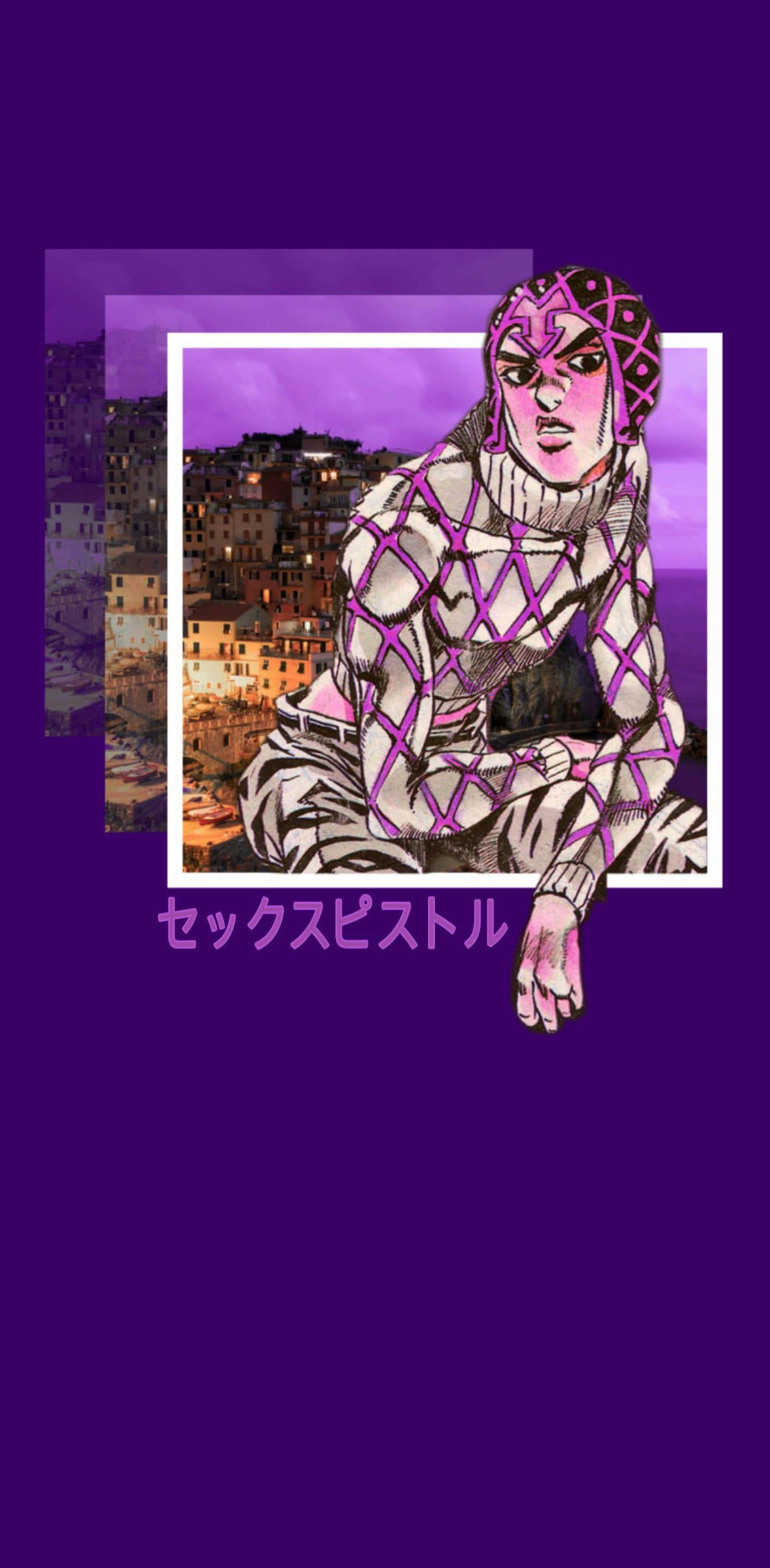 Guido Mista, geometric purple mask, framed cityscape, 2K Phone Wallpaper