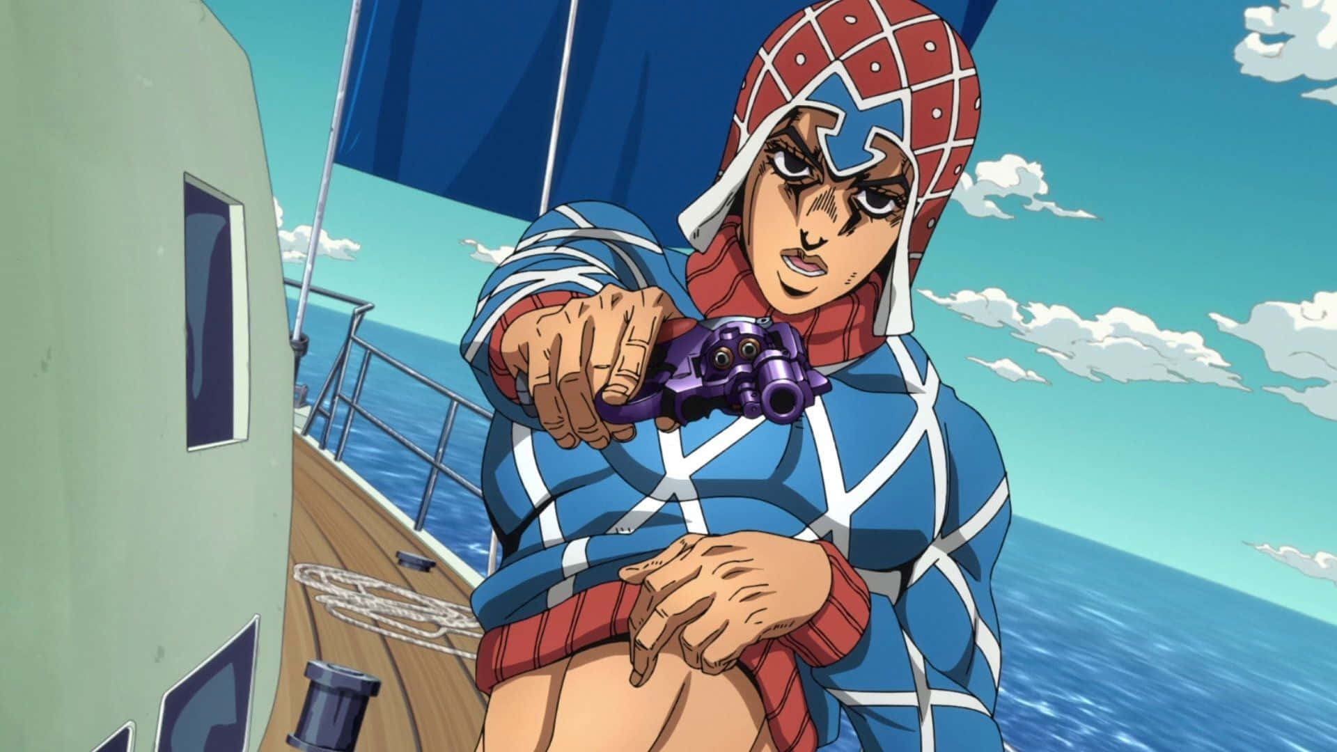 Guido Mista, purple gun, bright blue ocean, Full HD Desktop Wallpaper