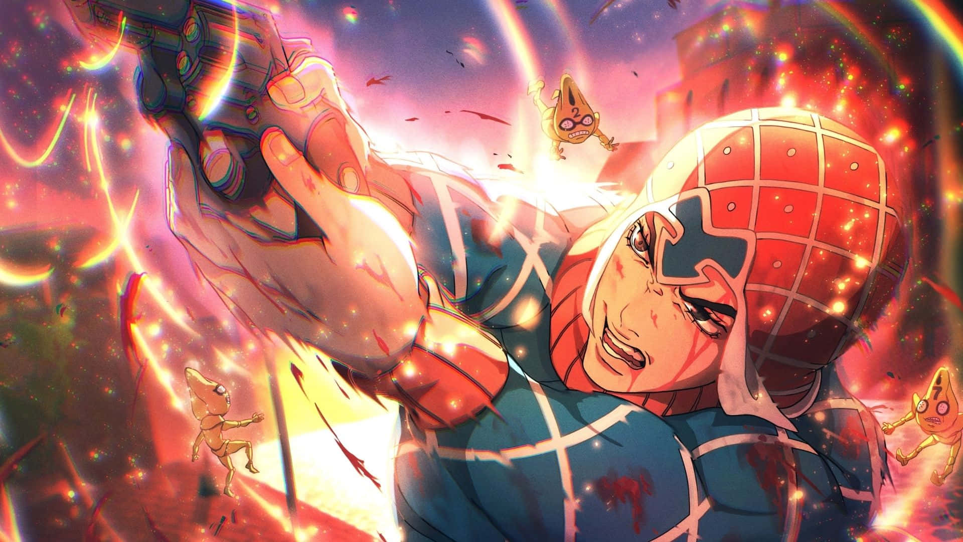 Guido Mista, red and blue suit, glowing weapon, Full HD Desktop Wallpaper