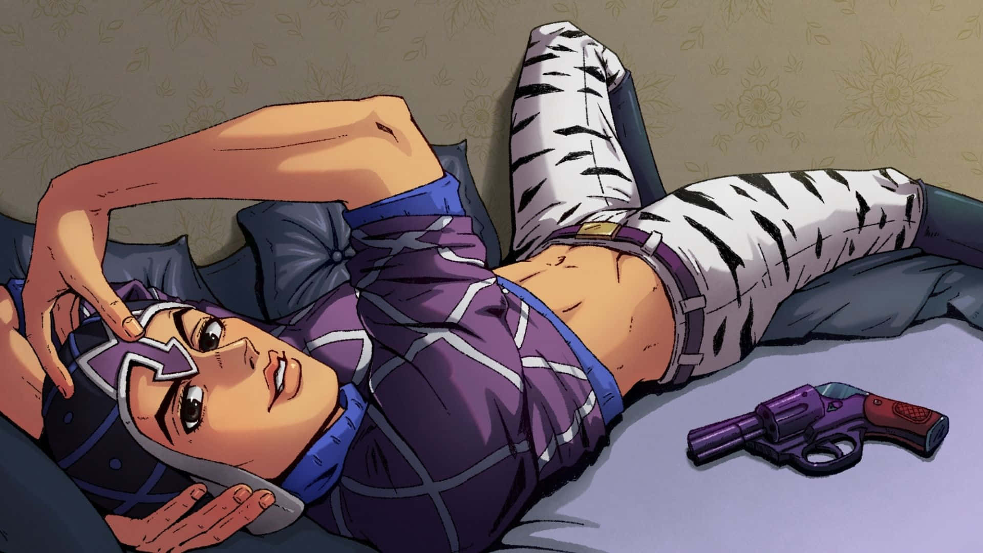 Guido Mista, purple and white tiger-print pants, purple revolver, Full HD Desktop Wallpaper