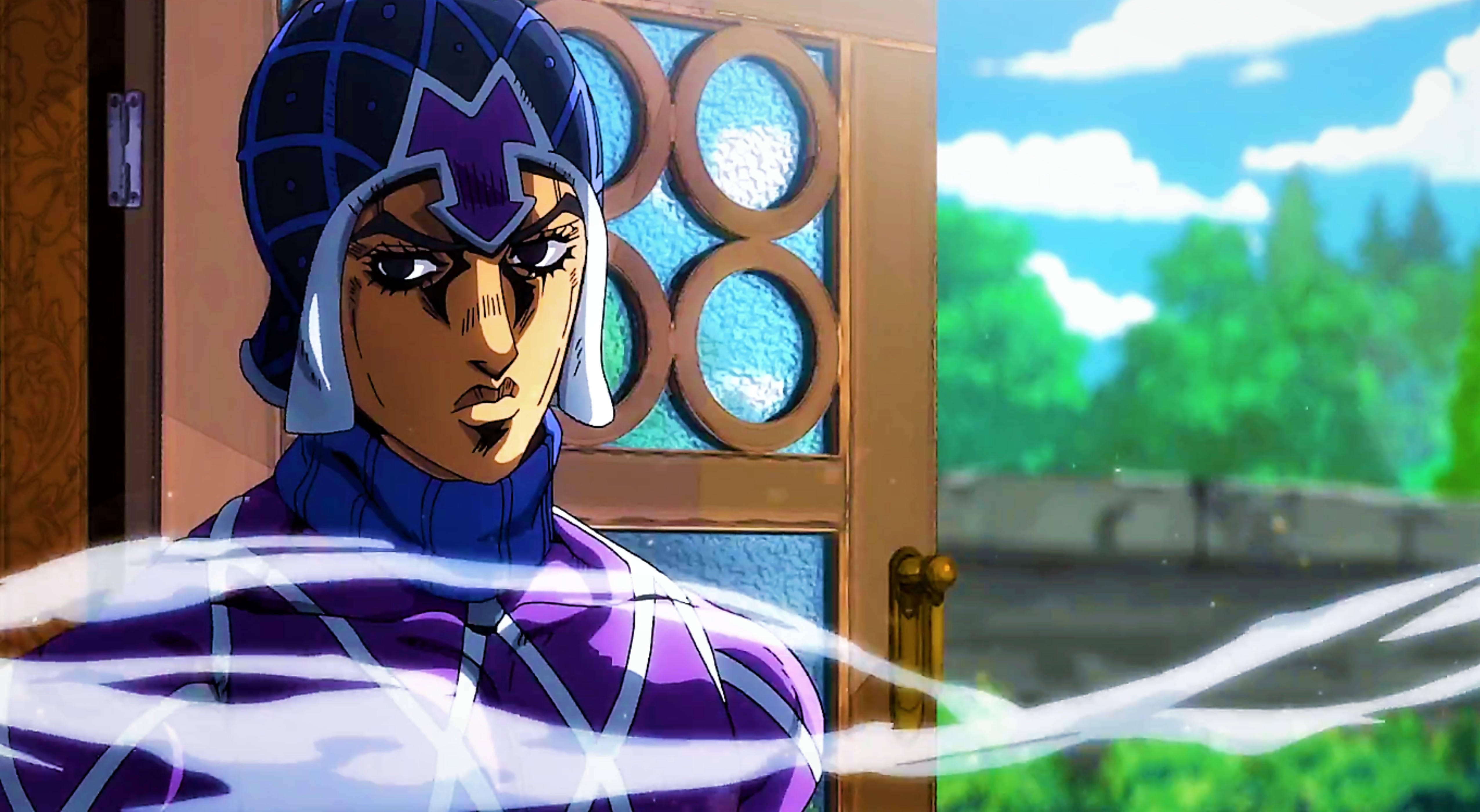 Guido Mista, purple armor, swirling energy effects, 4K Desktop Wallpaper
