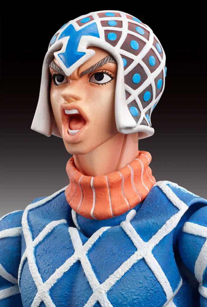 Guido Mista, blue and white grid-patterned helmet, anime figurine, SD Phone Wallpaper