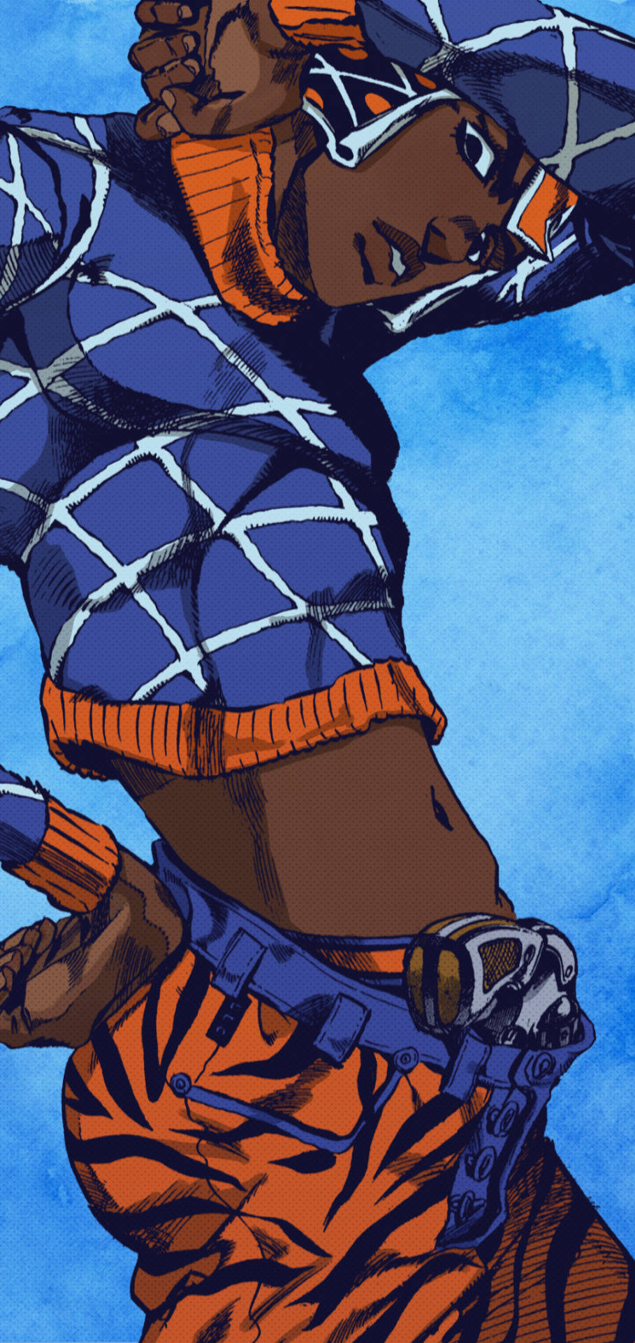 Guido Mista, blue and orange web-patterned gear, solid blue background, Full HD Phone Wallpaper
