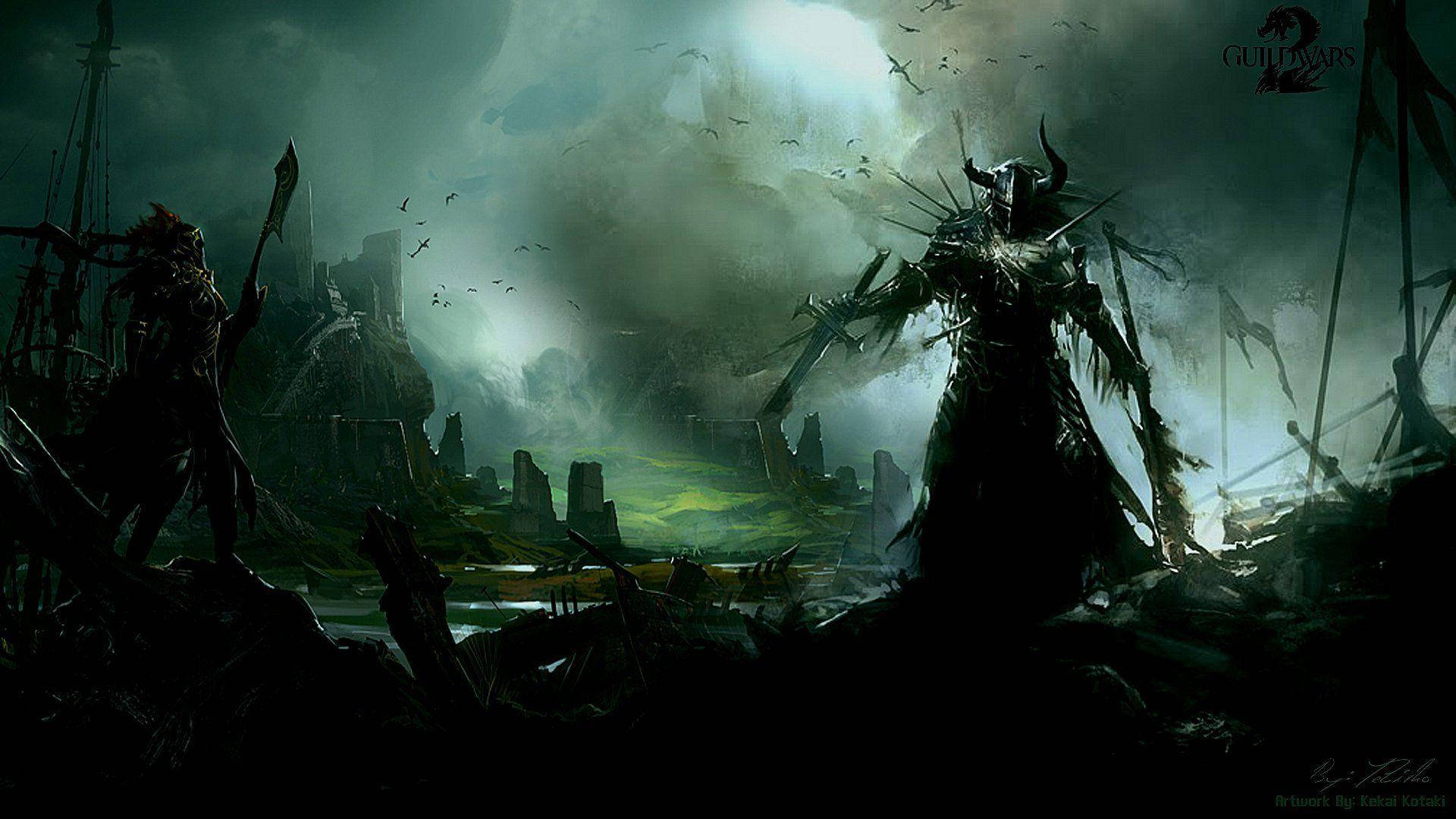 Guild Wars 2, dark green centaur, stormy sky, Full HD Desktop Wallpaper