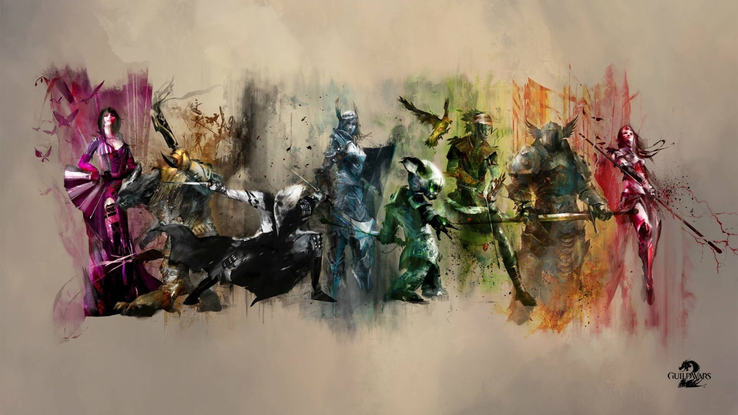 Guild Wars 2, fantasy warriors, combat poses, 2K Desktop Wallpaper