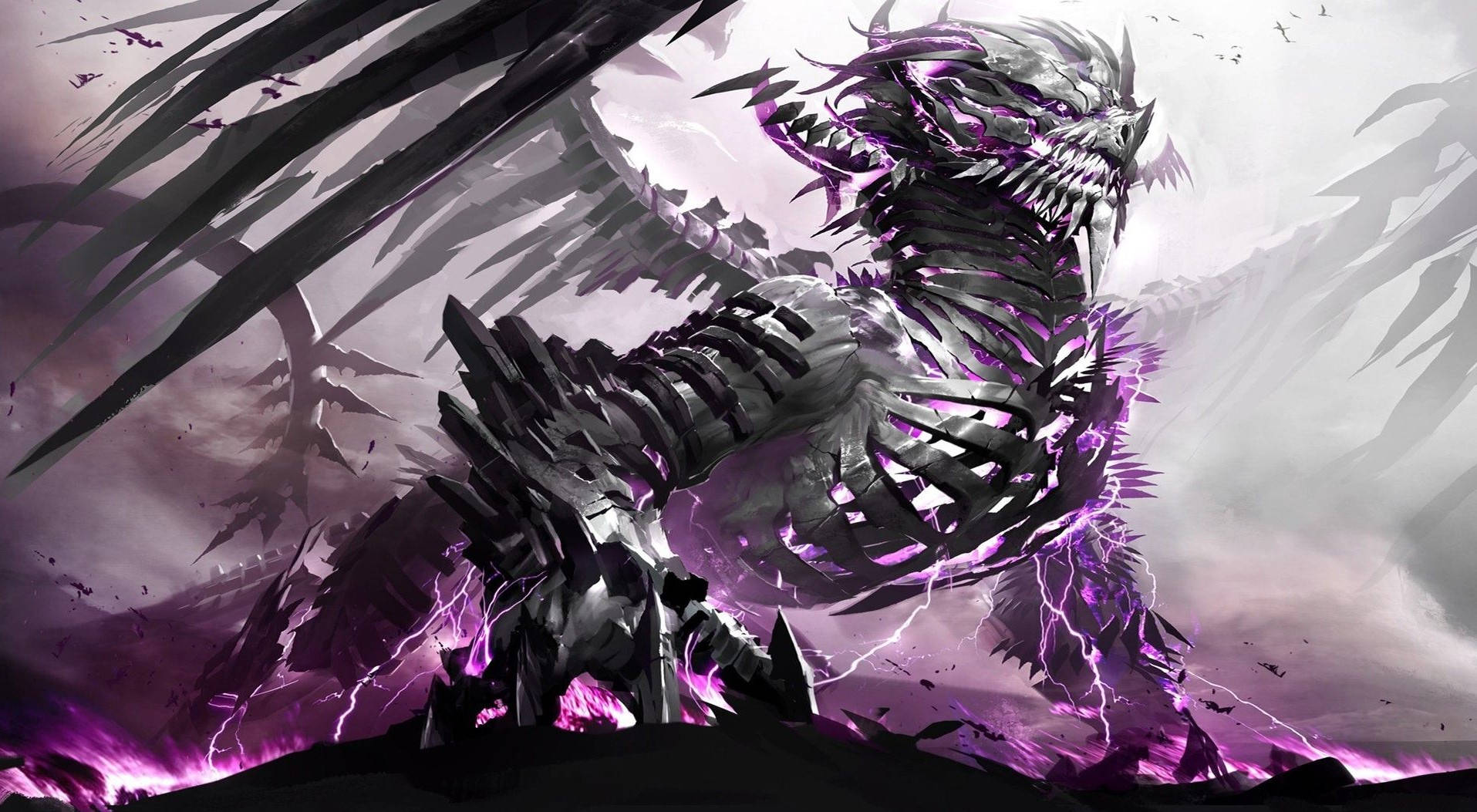Guild Wars 2, skeletal dragon, glowing purple energy, HD Desktop Wallpaper