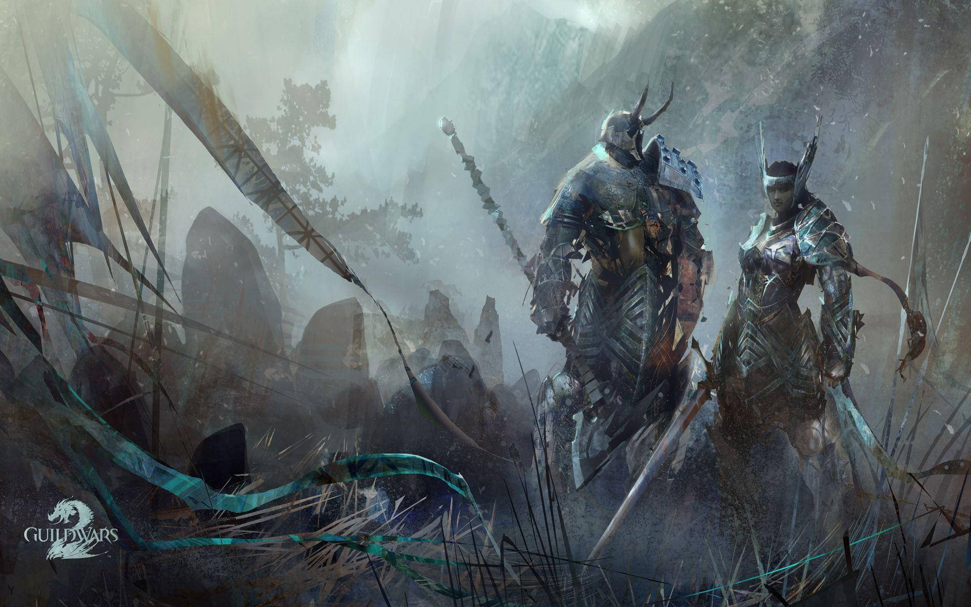 Guild Wars 2, armored warriors, misty ruin, Full HD Desktop Wallpaper