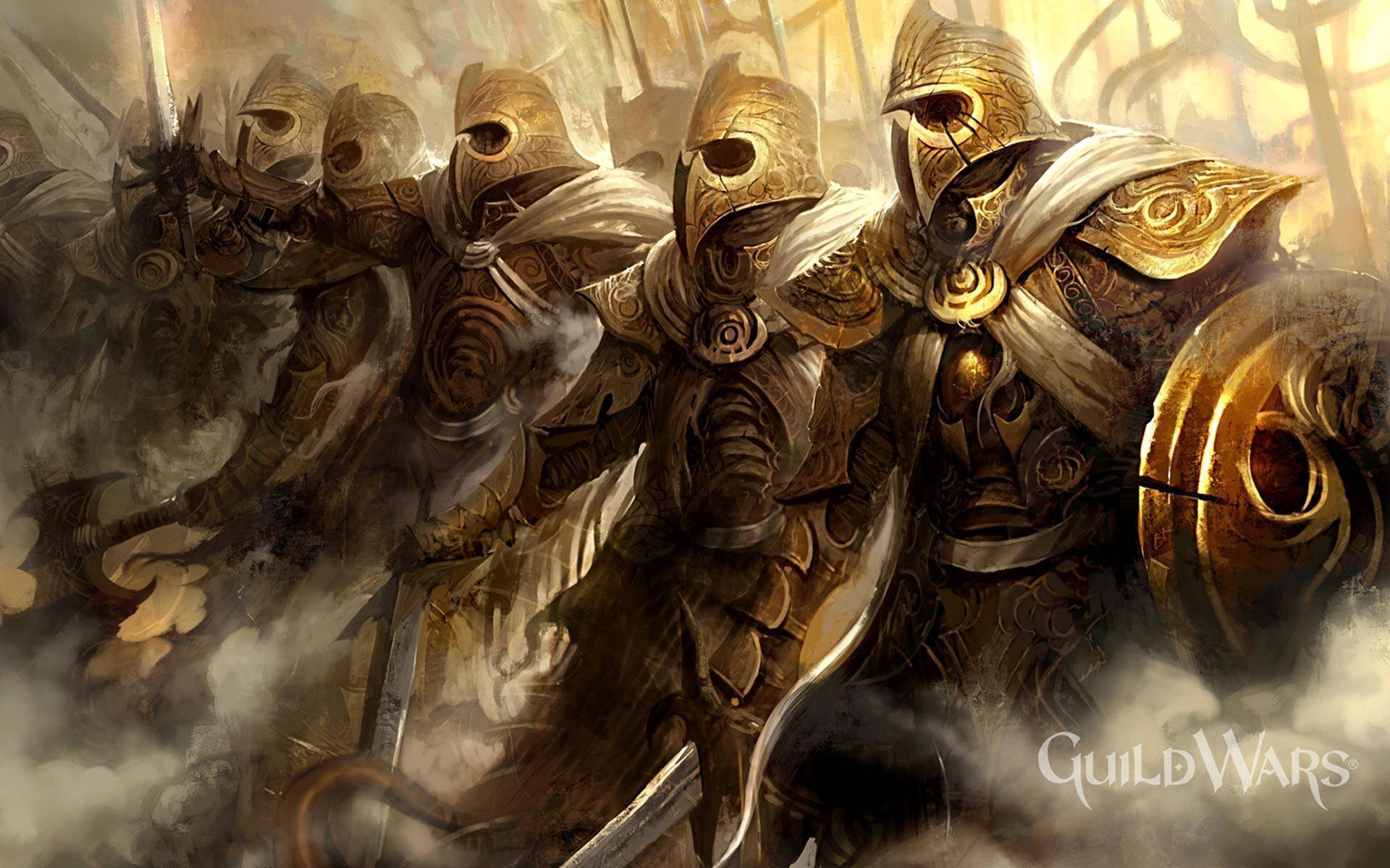 Guild Wars 2, armored knights, ornate golden helmets, Full HD Desktop Wallpaper