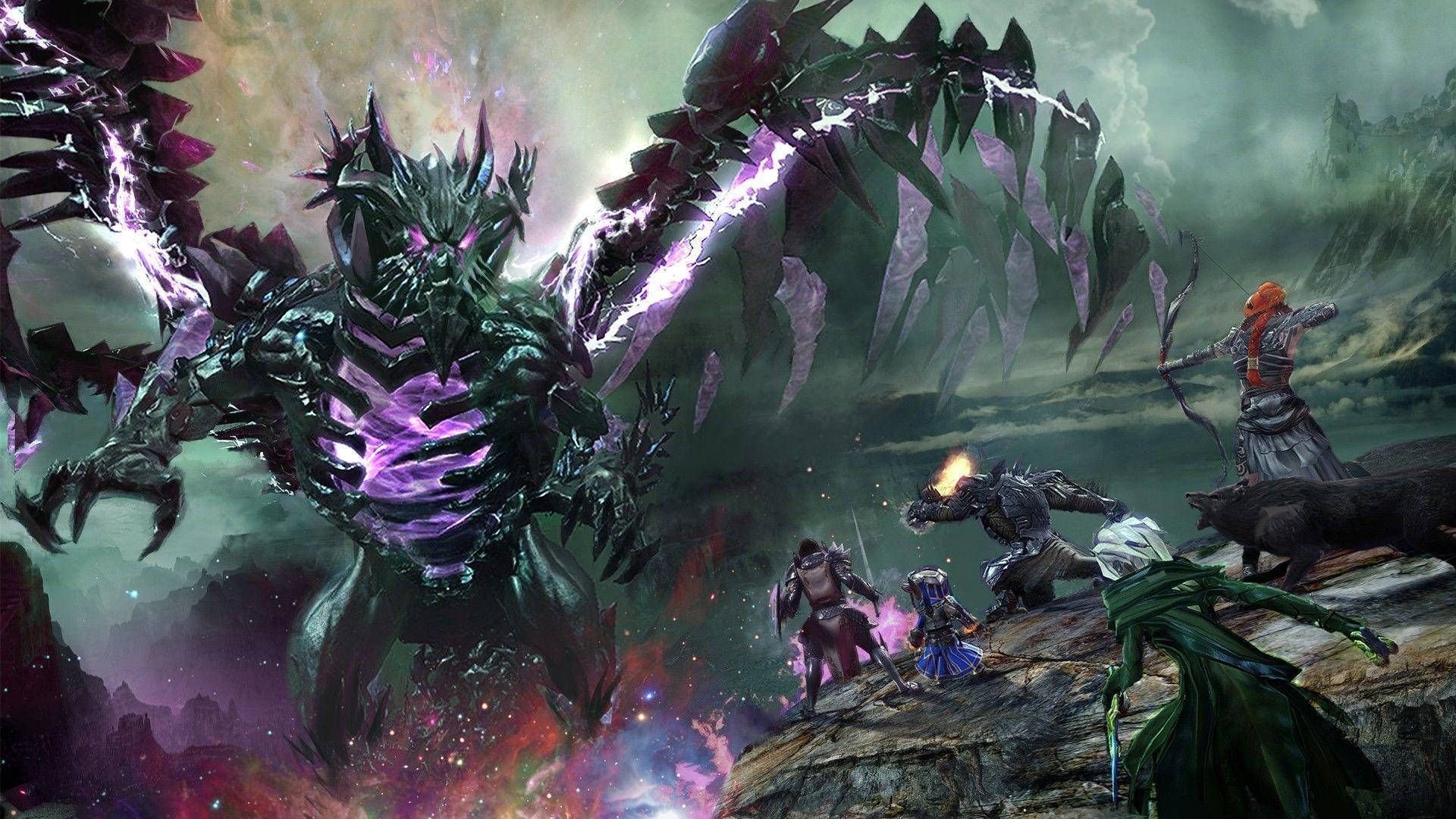 Guild Wars 2, skeletal dragon, glowing purple energy, Full HD Desktop Wallpaper