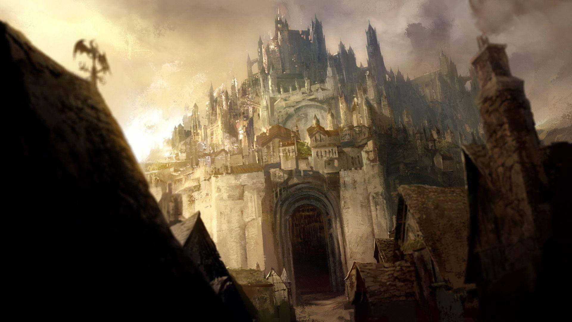 Guild Wars 2, gothic castle, stone village, Full HD Desktop Wallpaper