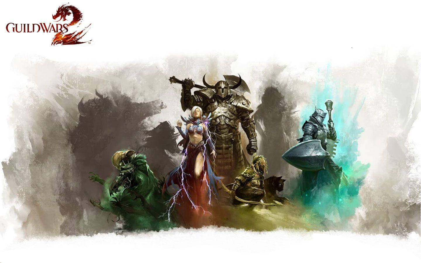 Guild Wars 2, five distinct characters, mistey ethereal landscape, HD Desktop Wallpaper
