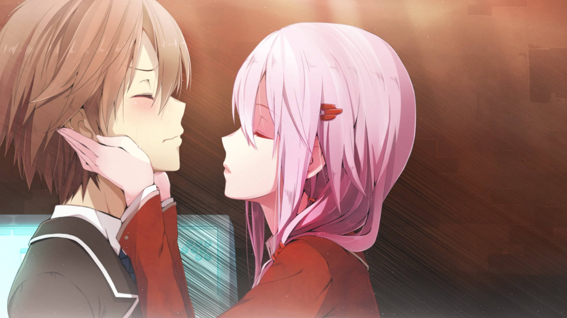 Guilty Crown, kissing scene, school uniforms, Full HD Desktop Wallpaper
