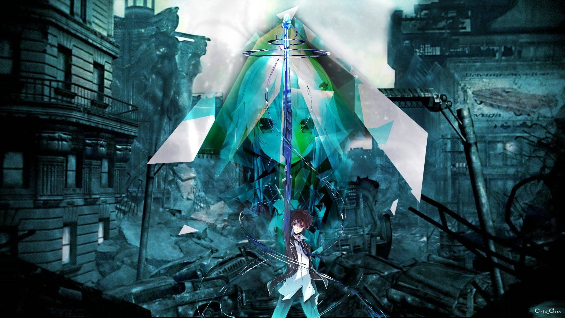 Guilty Crown, glowing teal sword, ruined cityscape, Full HD Desktop Wallpaper