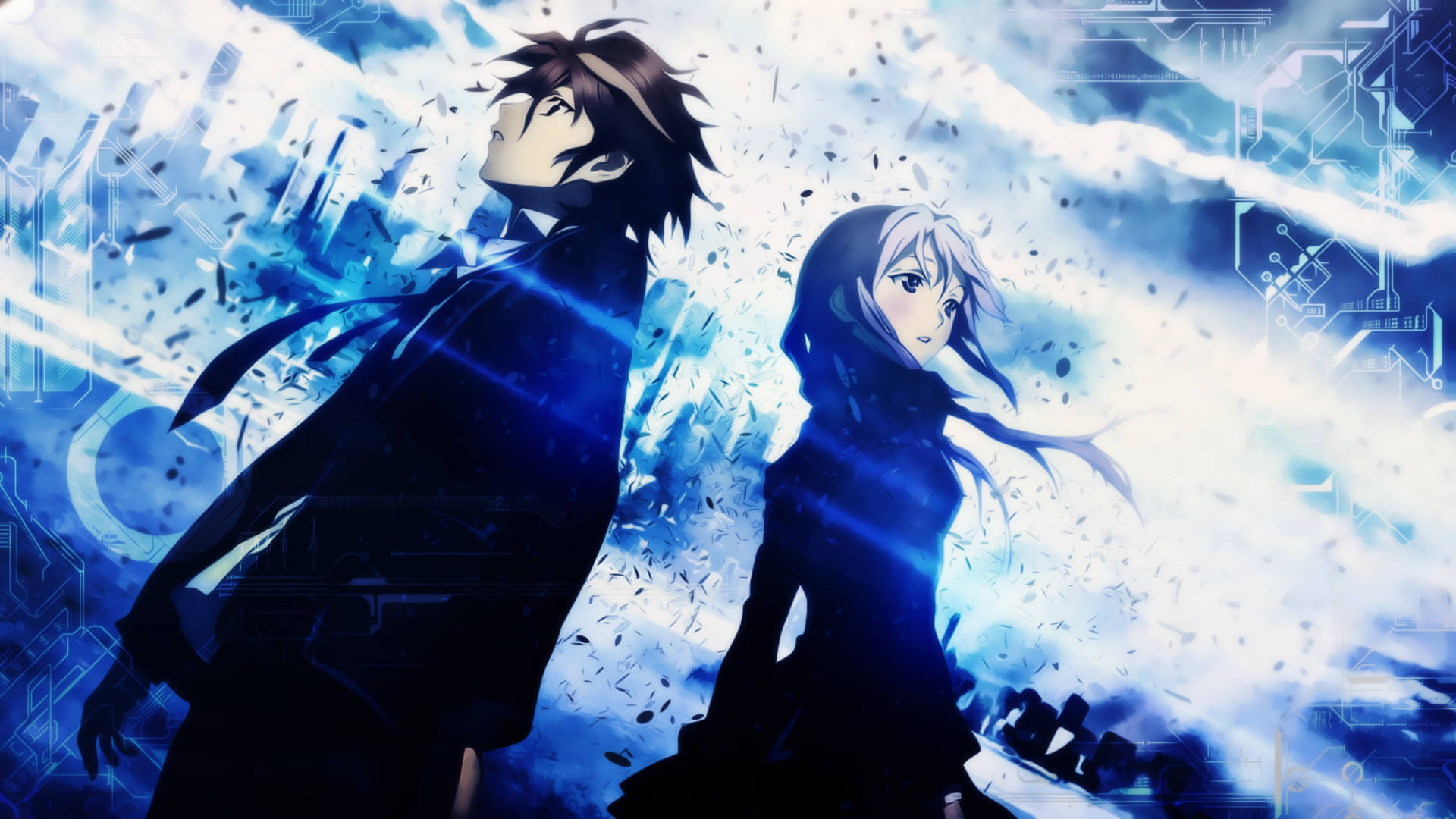 Guilty Crown, blue graphics, glowing blue digital storm, Full HD Desktop Wallpaper