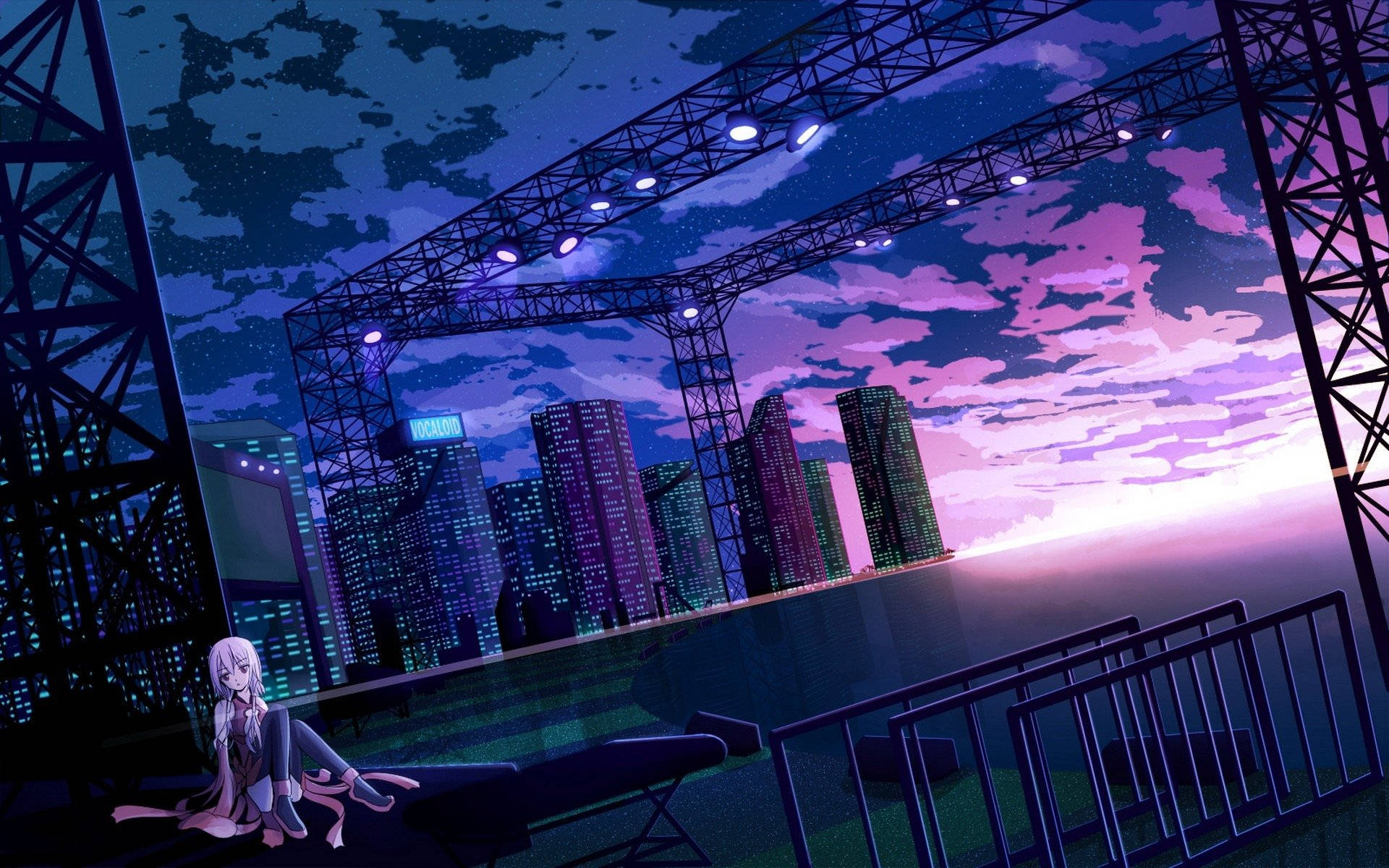 Guilty Crown, neon-lit cityscape, vibrant purple and pink twilight sky, Full HD Desktop Wallpaper