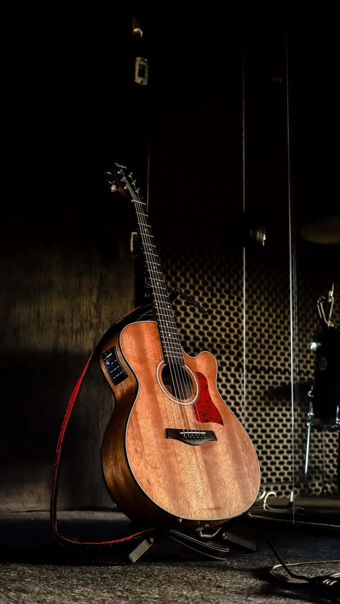 acoustic guitar, red binding, dark perforated metal wall, Full HD Phone Wallpaper