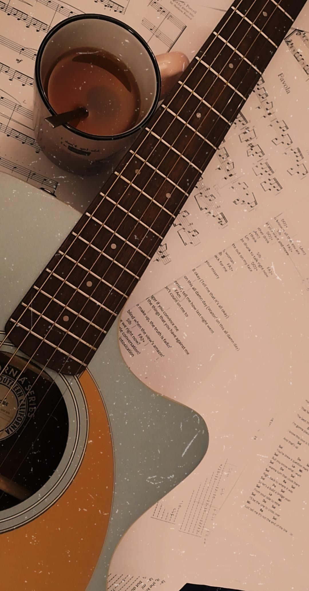 acoustic guitar, sheet music, cup of tea, Full HD Phone Wallpaper