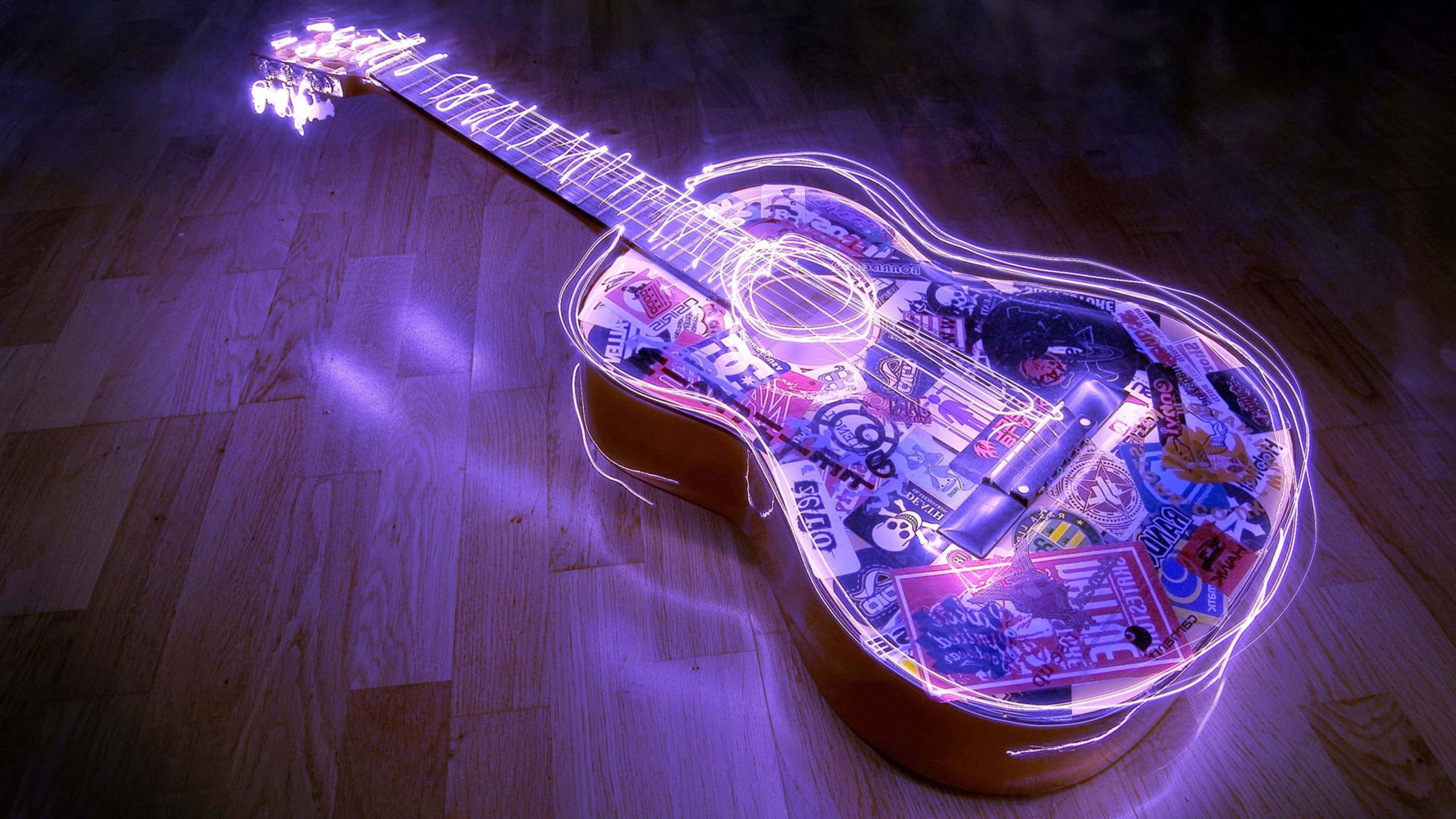 Guitar Aesthetic, vintage acoustic guitar, colorful stickers, 4K Desktop Wallpaper