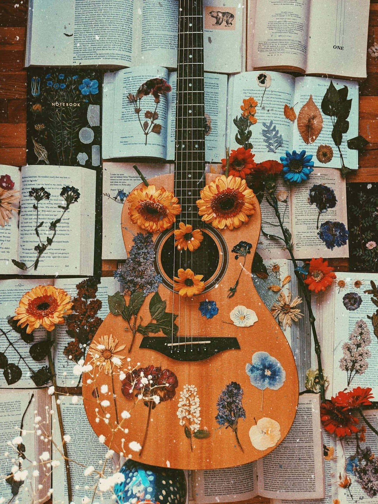 wooden acoustic guitar, pressed flowers, open books, Full HD Phone Wallpaper