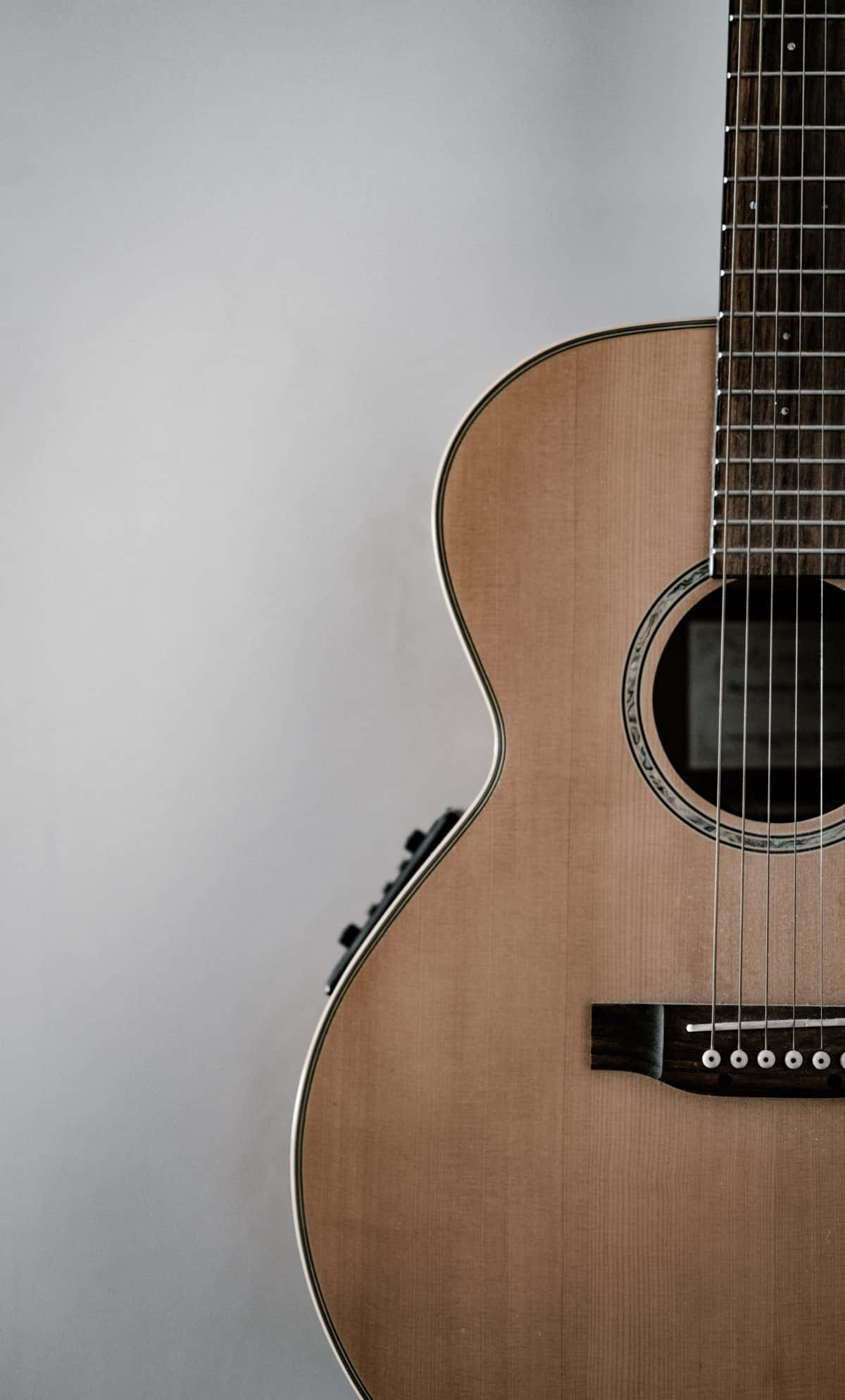 light wood acoustic guitar, silver trim, soft gray background, Full HD Phone Wallpaper