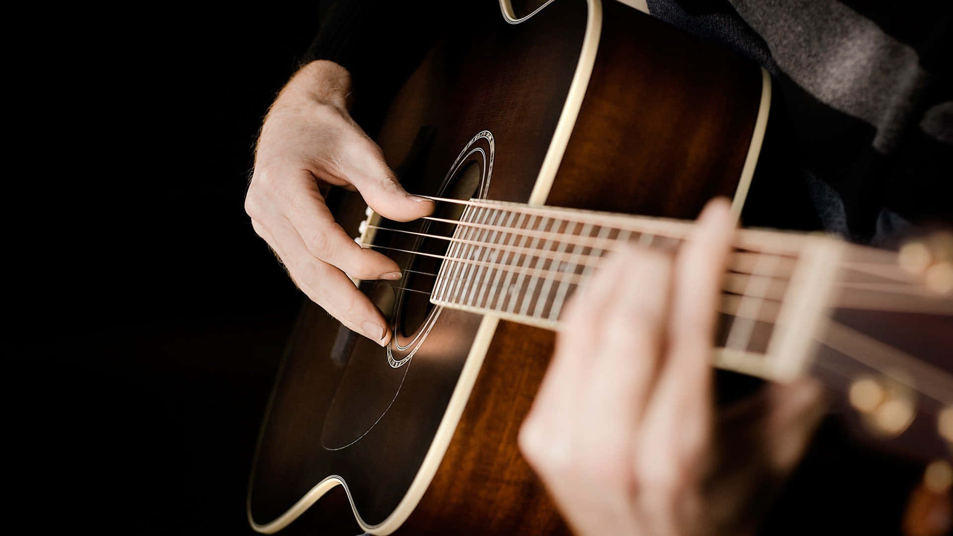 acoustic guitar, hands, dark background, Full HD Desktop Wallpaper