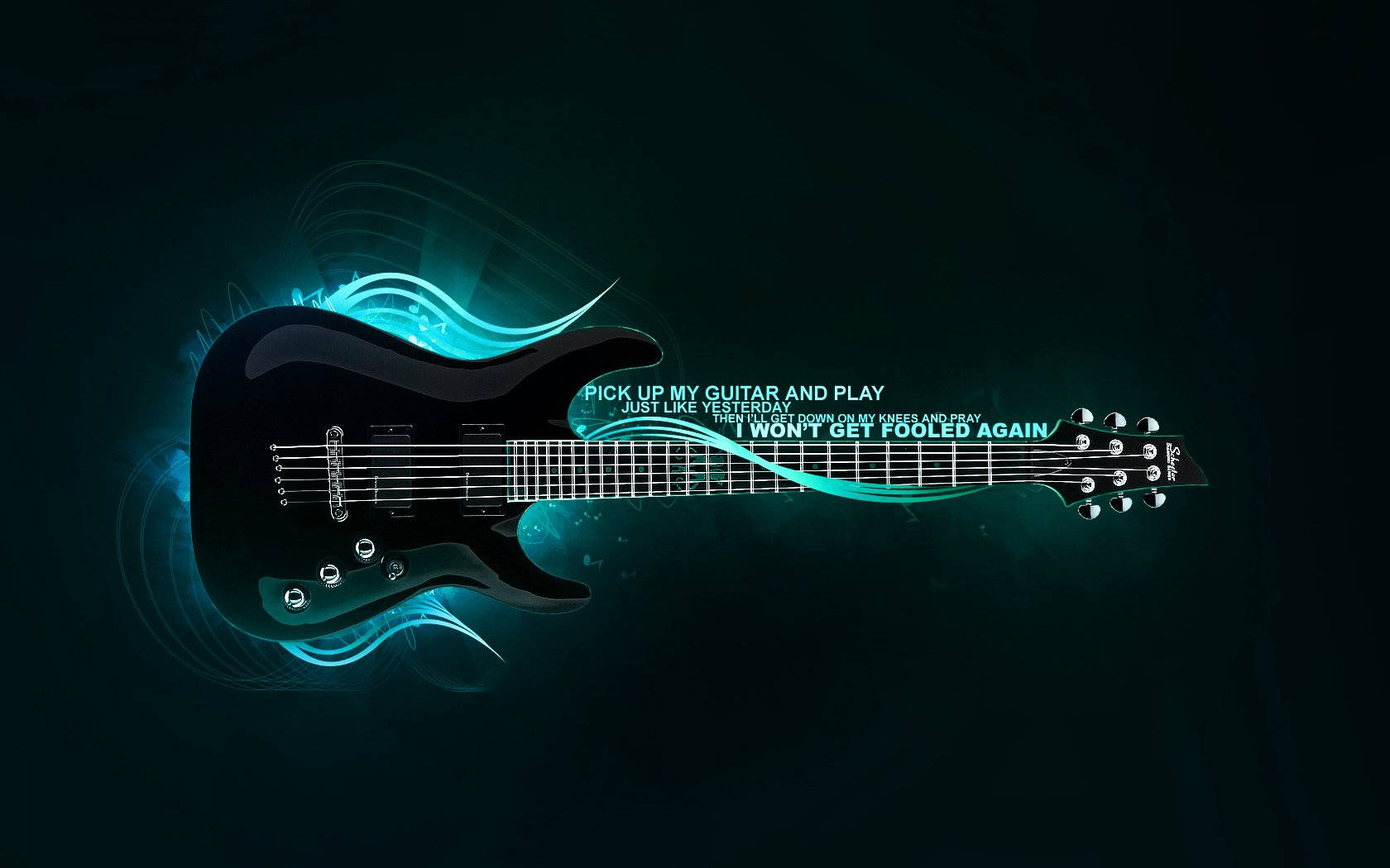 Beautiful Music, black electric guitar, teal energy waves, HD Desktop Wallpaper