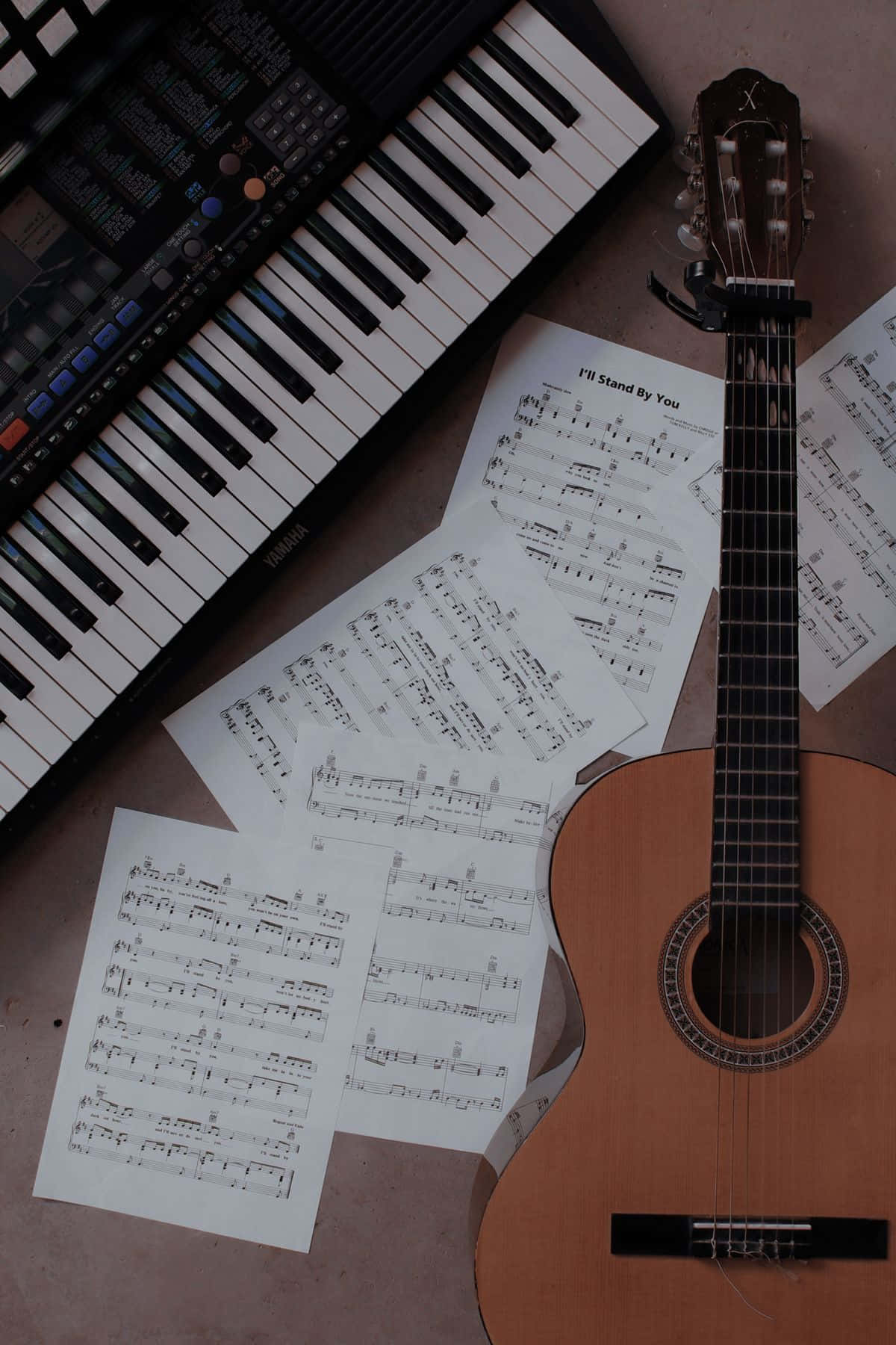 acoustic guitar, electronic keyboard, sheet music, HD Phone Wallpaper