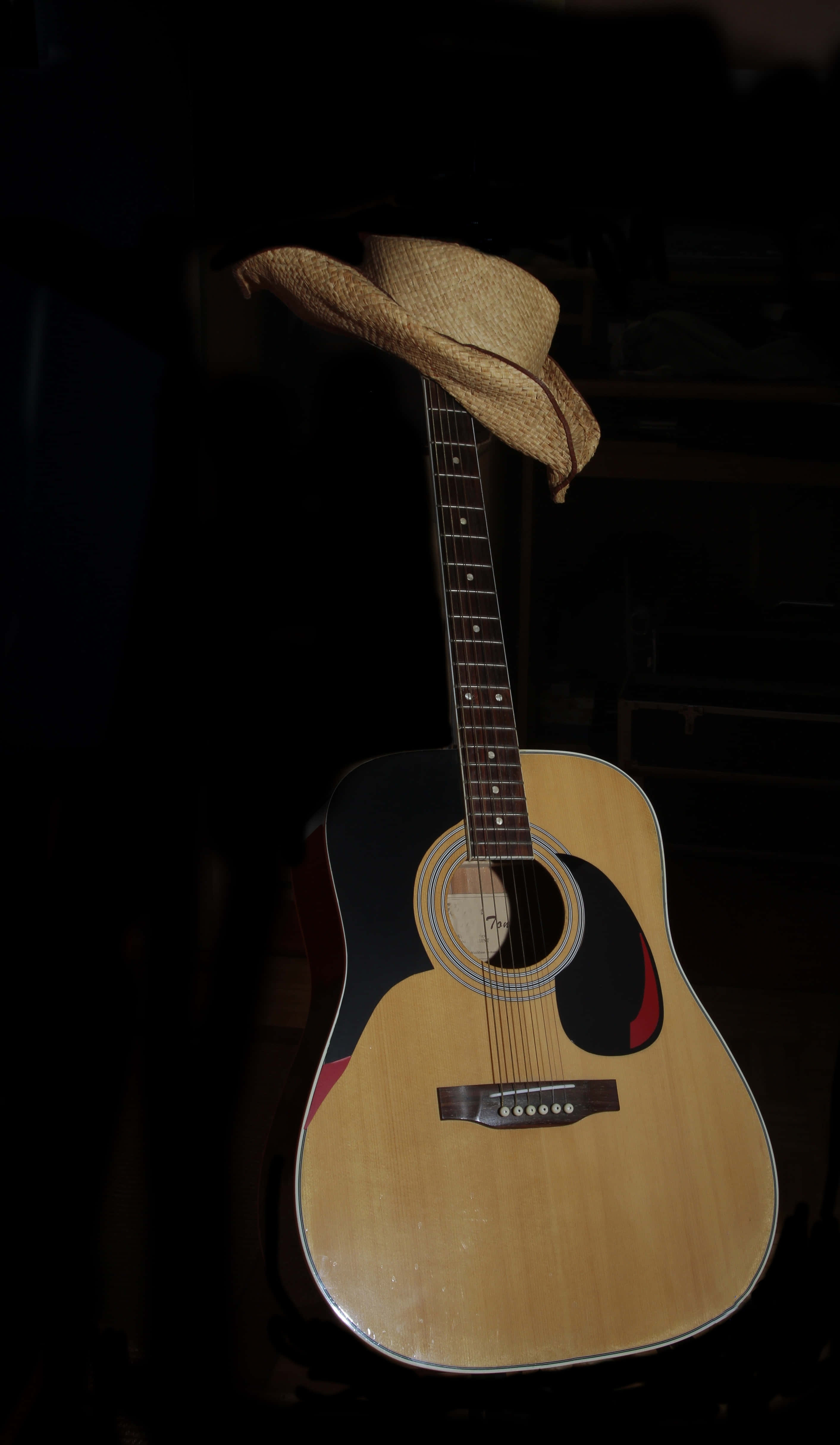 vintage acoustic guitar, straw hat, soft light, 4K Phone Wallpaper