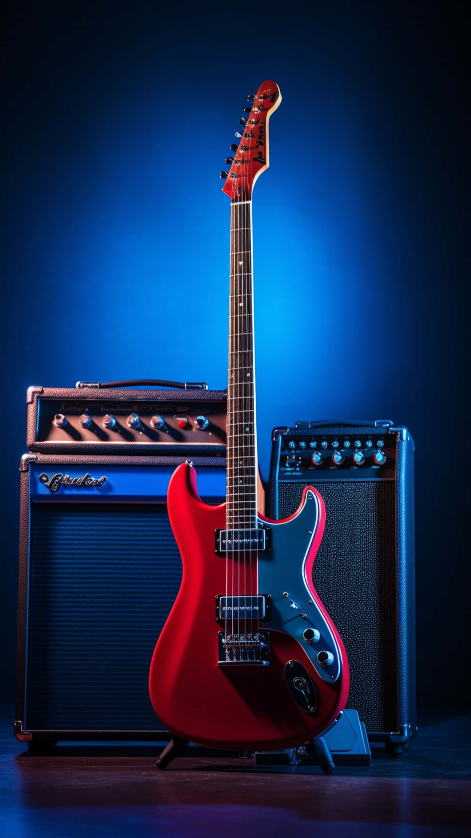 vibrant red electric guitar, vintage amplifiers, dramatic blue stage lighting, 2K Phone Wallpaper