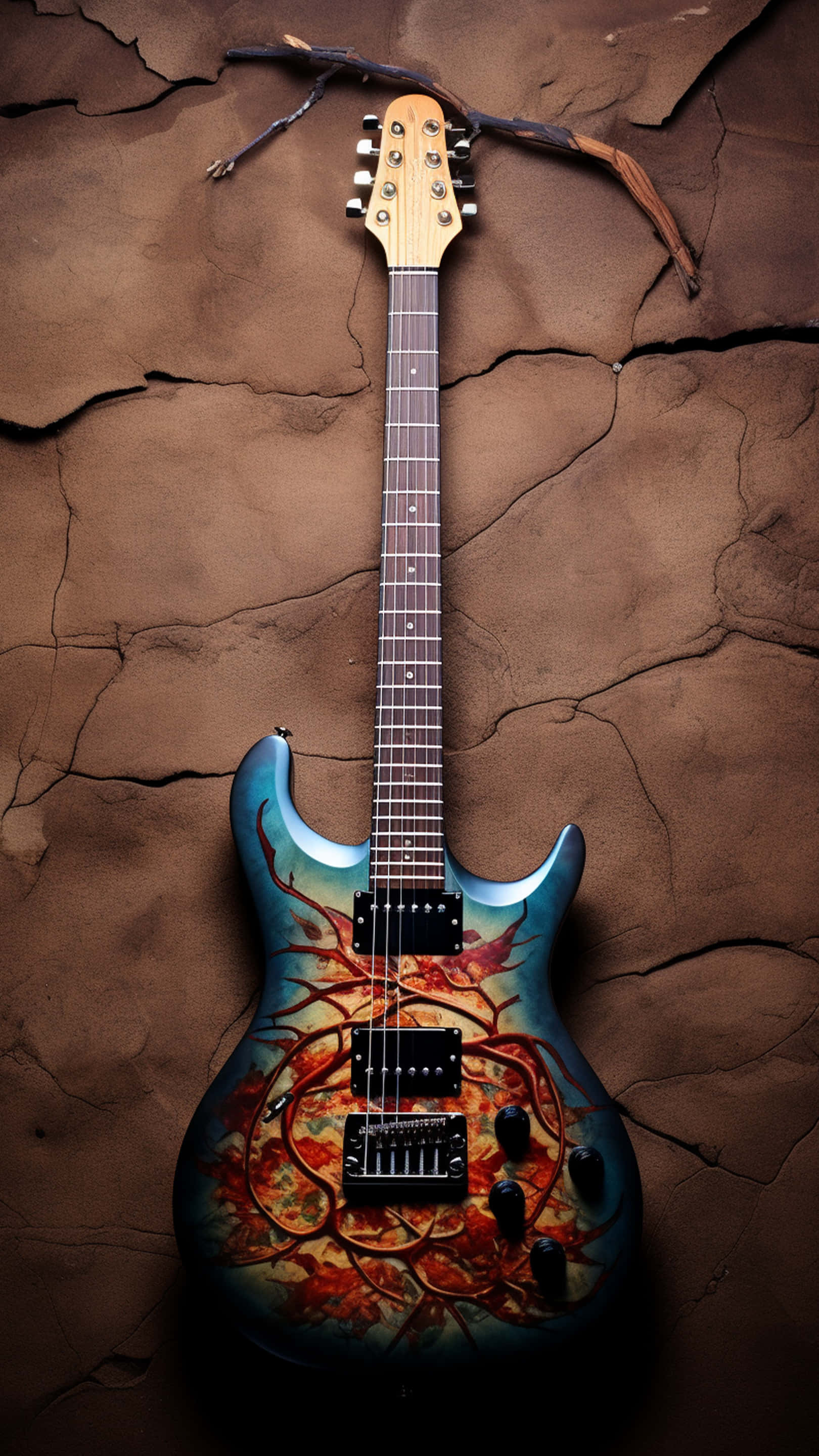 electric guitar, fiery root artwork, cracked earth-toned leather, 2K Phone Wallpaper