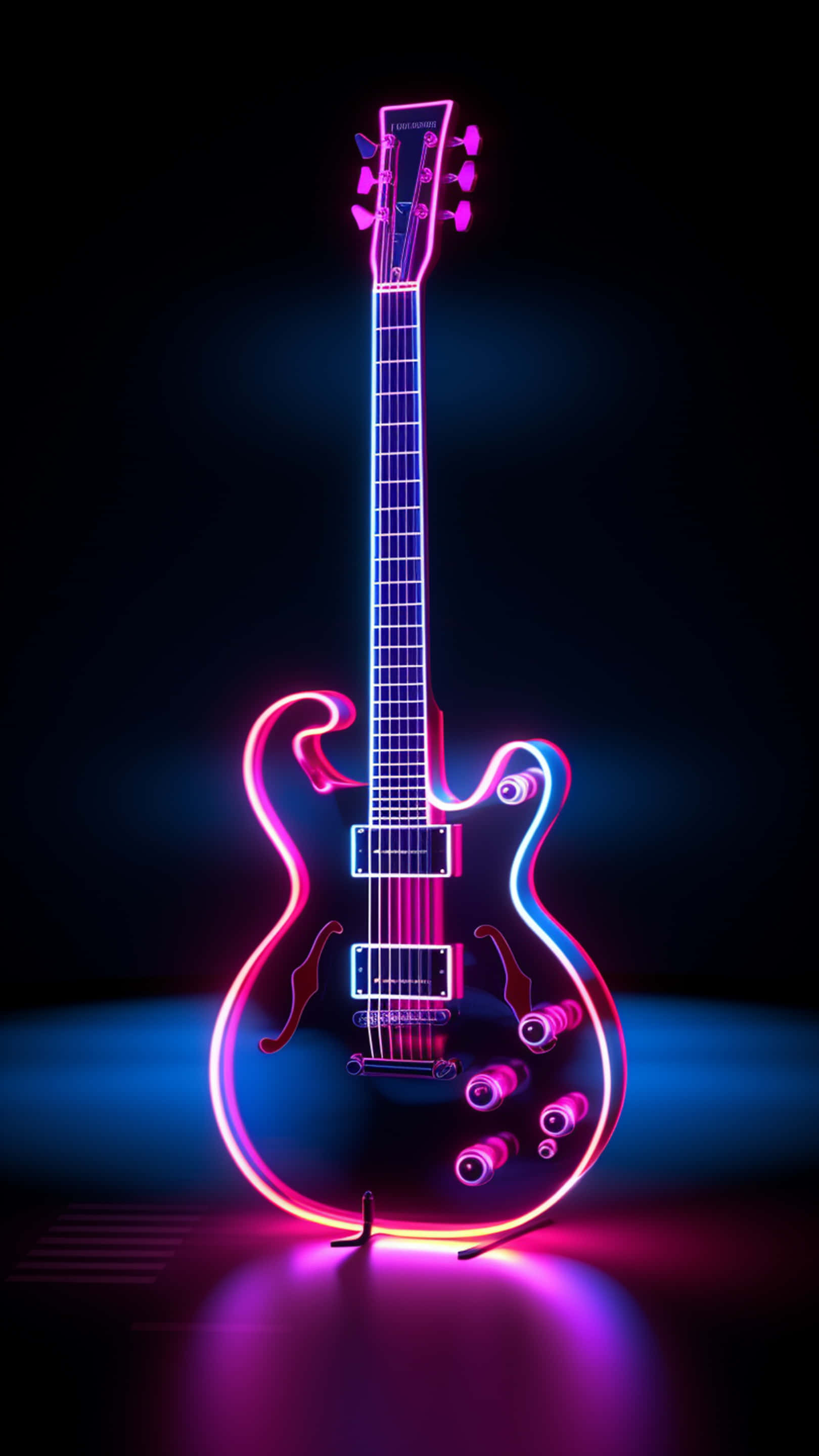 neon-lit electric guitar, vibrant pink and blue hues, dark background, 2K Phone Wallpaper