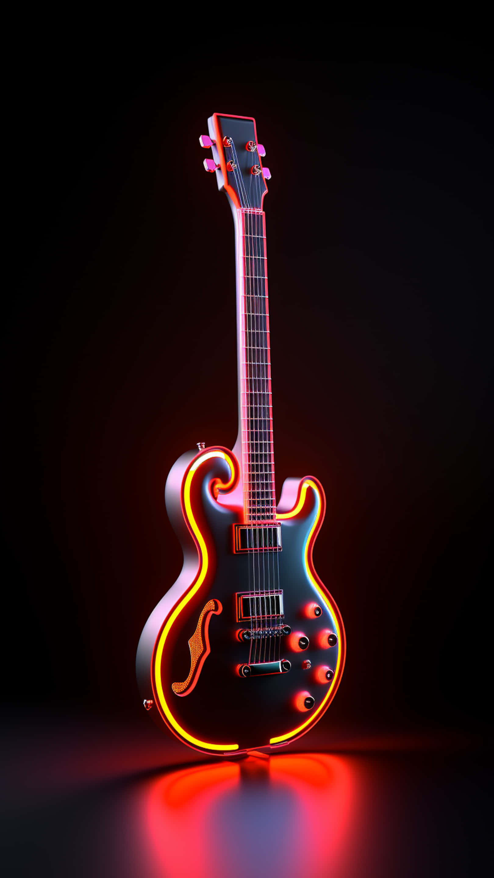 sleek black electric guitar, vibrant orange neon outlines, dark background, 2K Phone Wallpaper