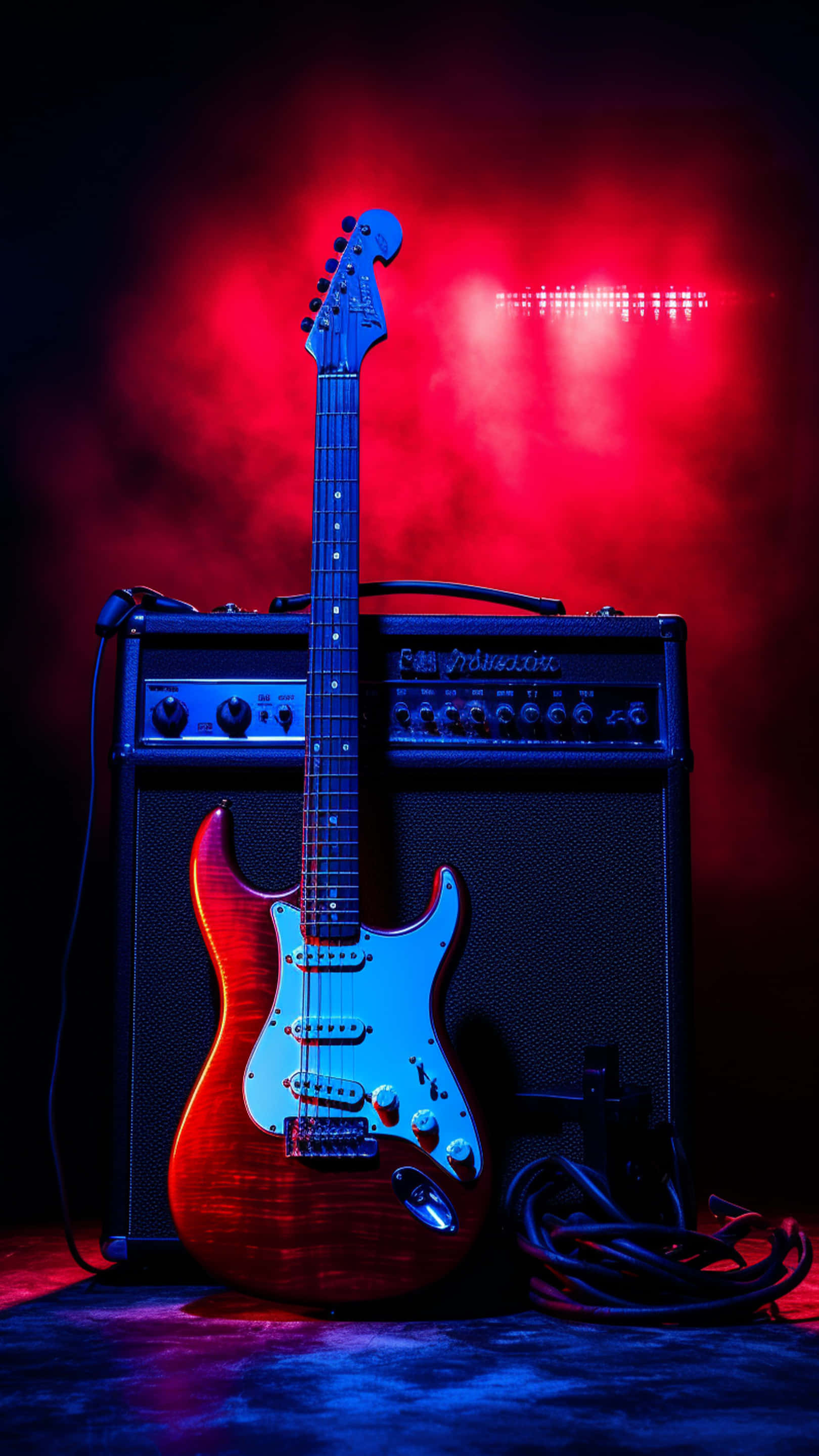 sunburst electric guitar, black amplifier, red and blue stage lighting, 2K Phone Wallpaper