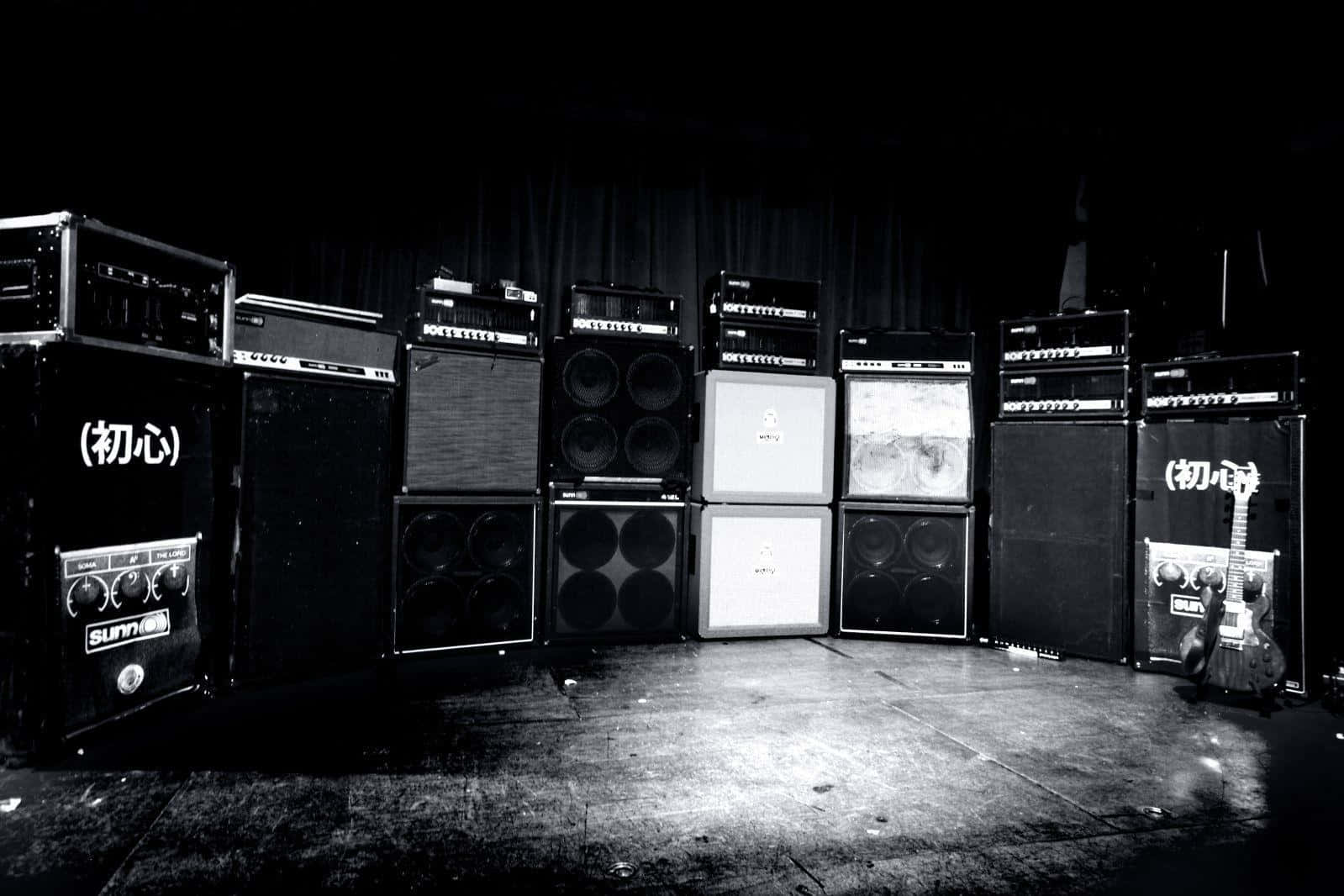 guitar amplifiers, black and white photo, dimly lit stage, HD Desktop Wallpaper