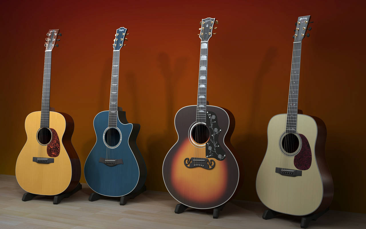 acoustic guitars, varied finishes, warm gradient wall, HD Desktop Wallpaper