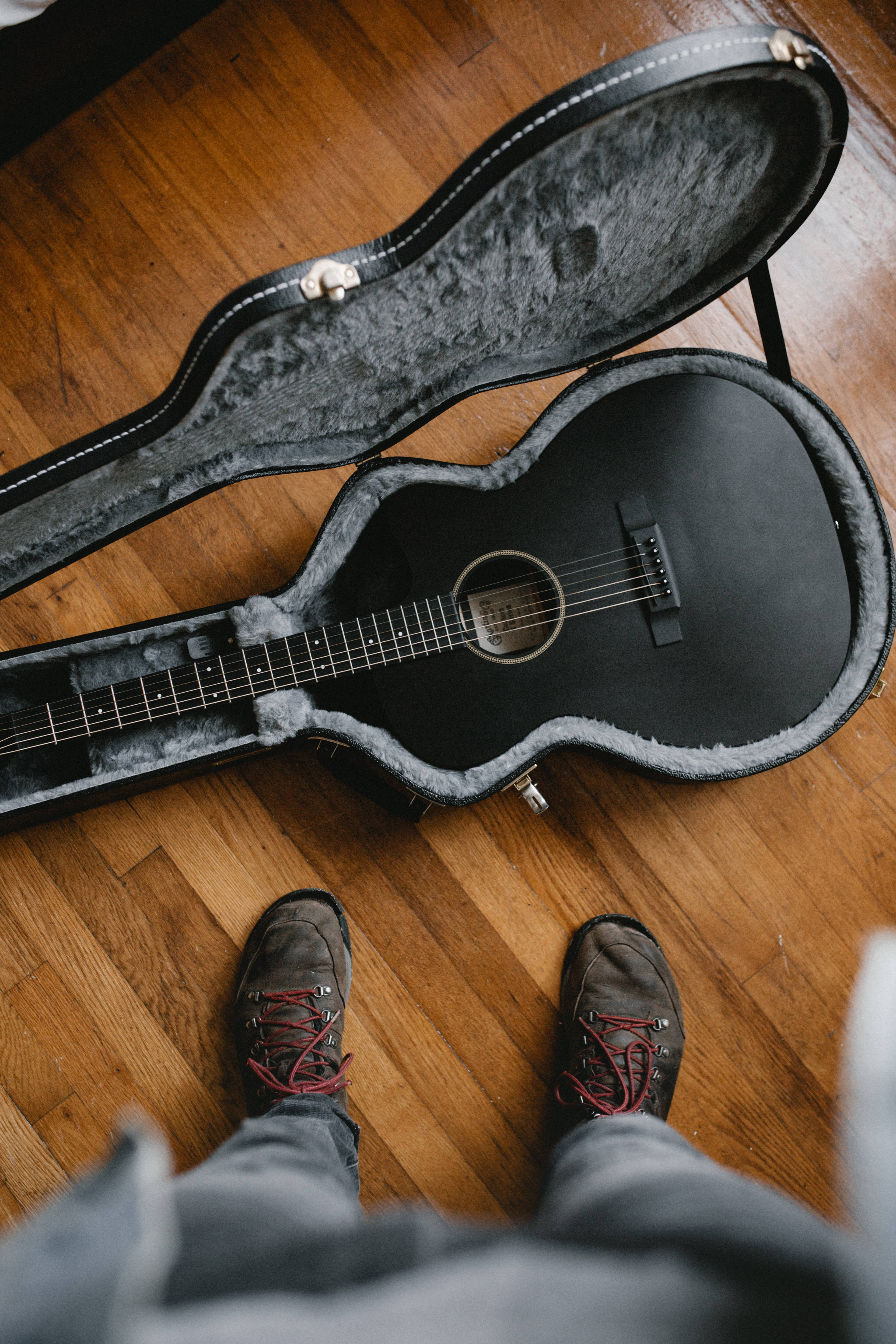 all-black guitar, acoustic guitar, open case, 5K Phone Wallpaper