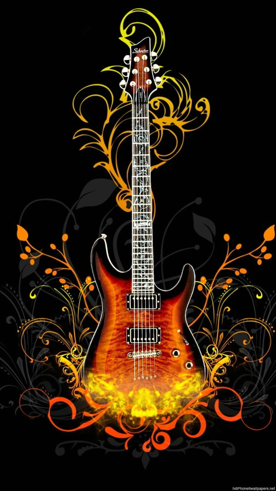 3D guitar, floral patterns, fiery electric guitar, Full HD Phone Wallpaper