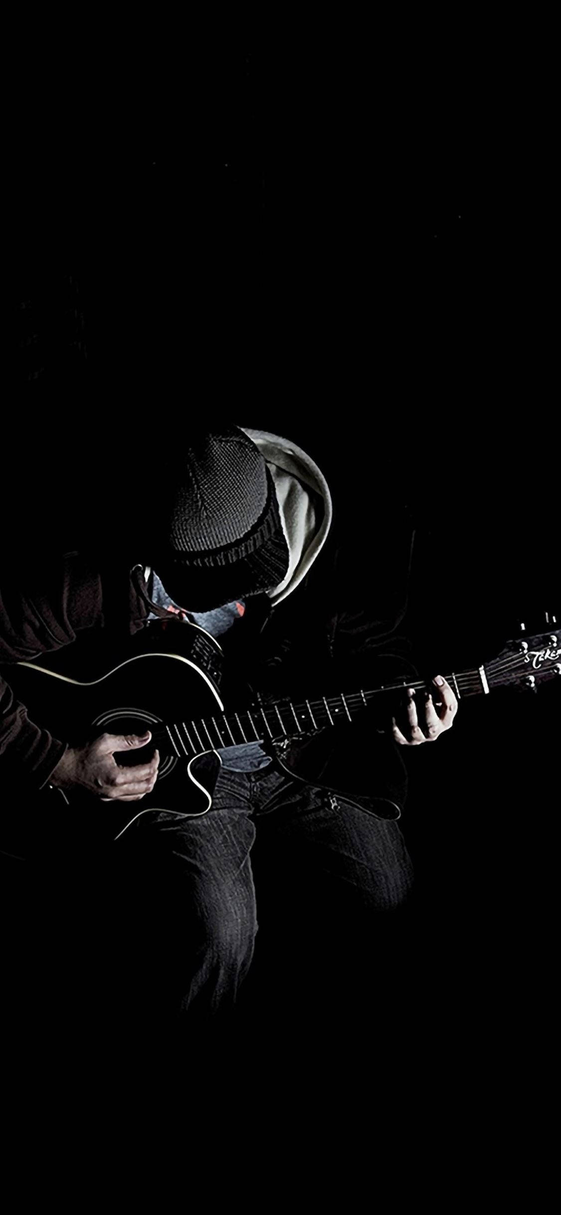 man, acoustic guitar, beanie, Full HD Phone Wallpaper