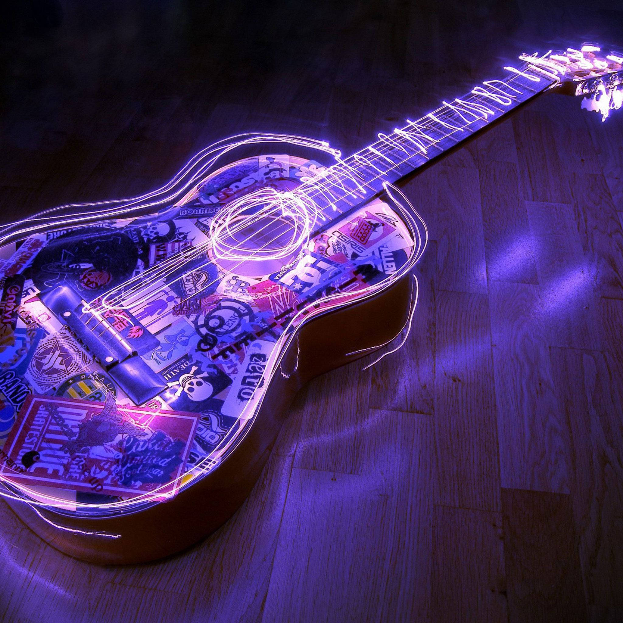 neon guitar, vibrant purple light trails, wooden floor, Full HD Desktop Wallpaper