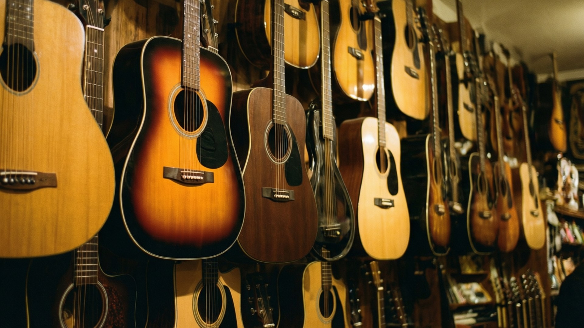 acoustic guitars, wooden wall, warm golden light, Full HD Desktop Wallpaper