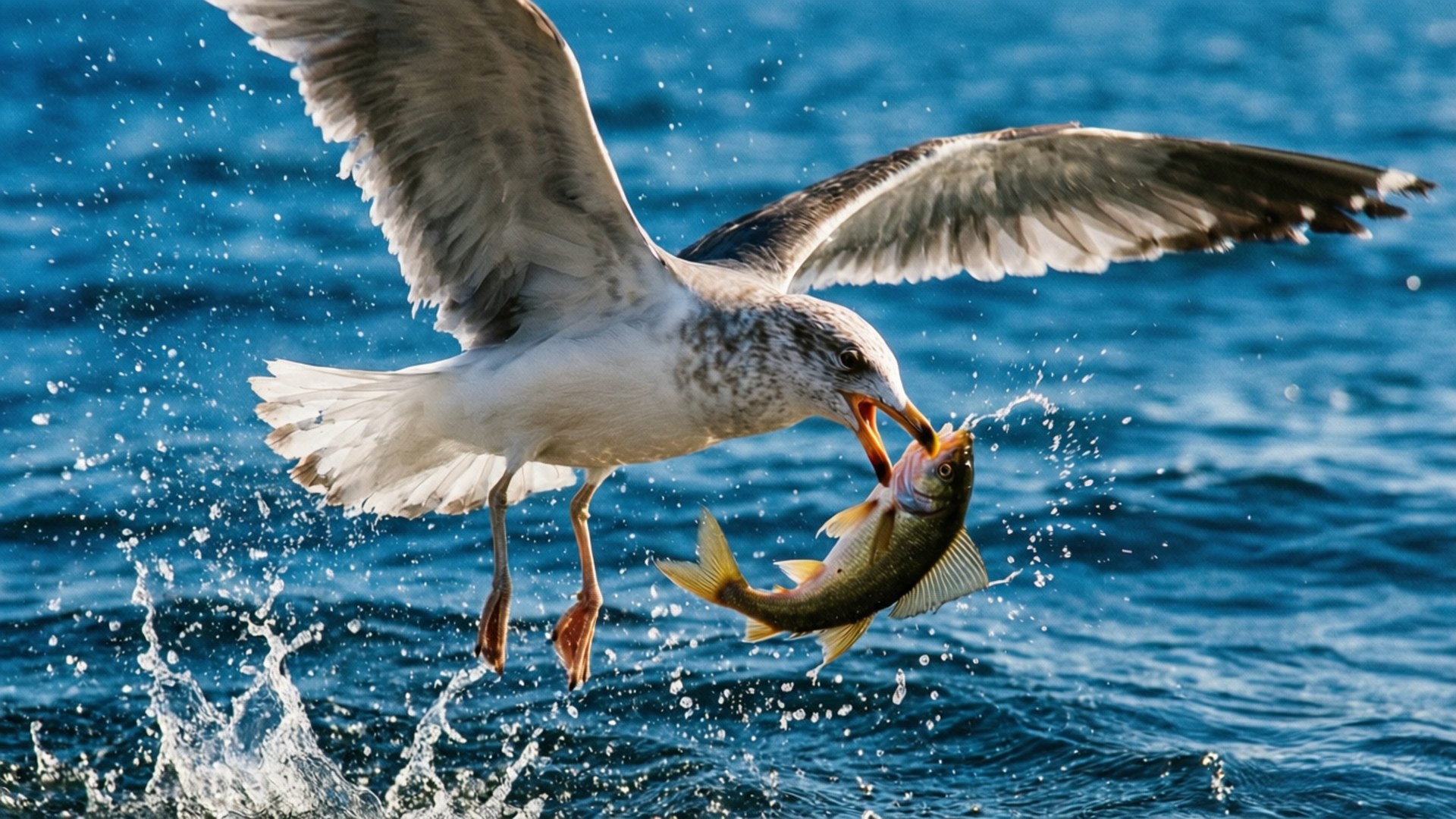 seagull, fish, ocean, Full HD Desktop Wallpaper