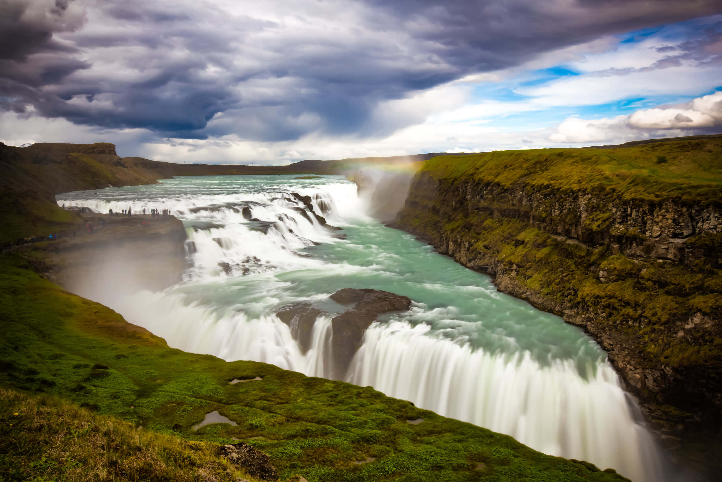 Gullfoss Waterfall, heavy clouds, southwest Iceland, Full HD Desktop Wallpaper