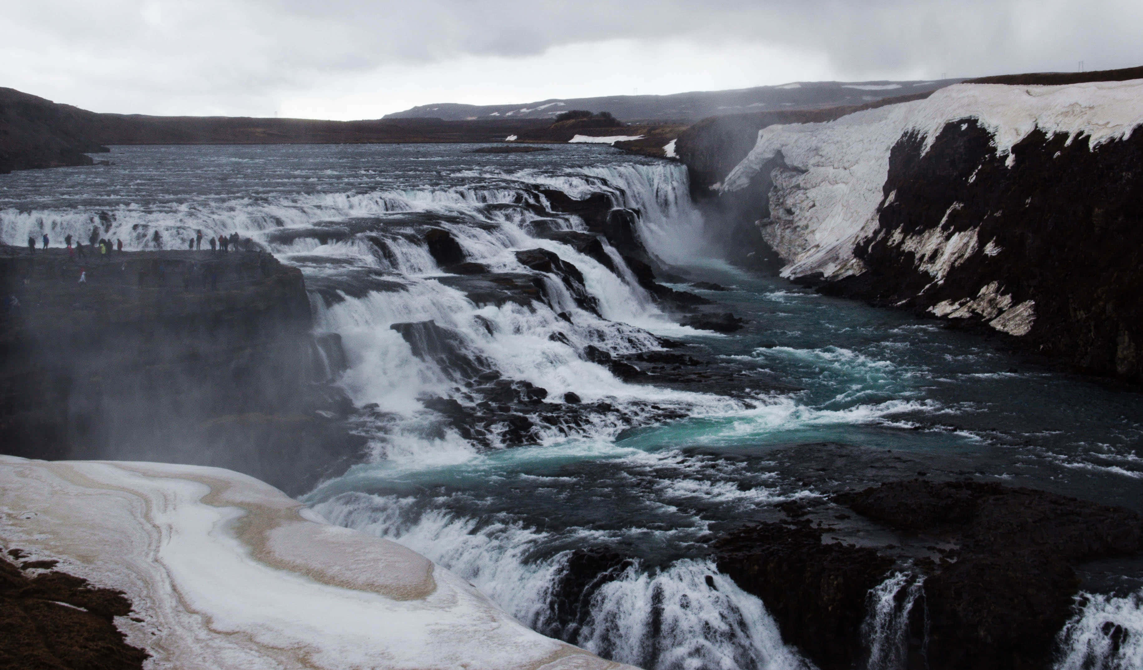 Gullfoss Waterfall, southwest Iceland, dark cliffs, 2K Desktop Wallpaper
